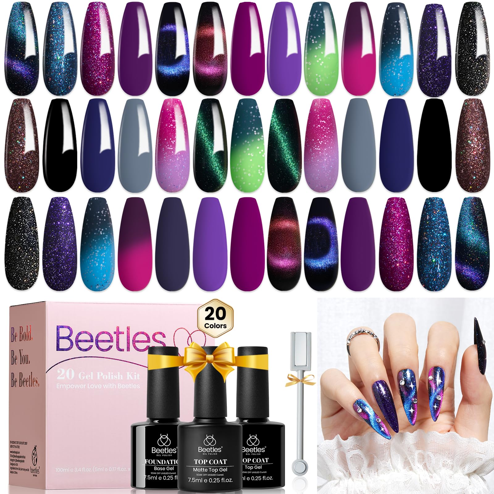 Beetles Cat Eye Gel Polish Set - 24Pcs 20 Colors Glitter Dark Color Changing Gel Nail Polish Kit with Base Gel Glossy Matte Top Coat Soak off UV DIY Nail Art Salon Ombre Black Nails Gift