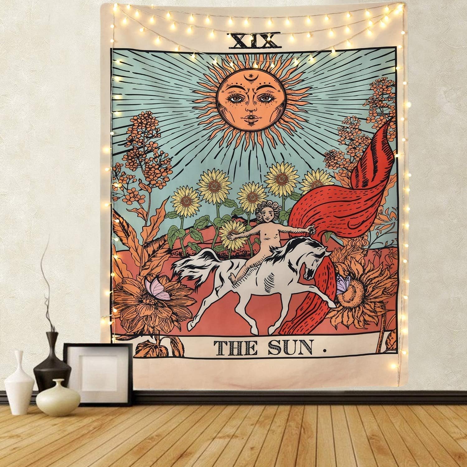 Mazheny Tarot Wall Tapestry The Moon The Star and Sun Tapestry Medieval Europe Divination Tapestry Wall Hanging Decorations Mysterious For Bedroom Home Decor (The Sun, 59"×82")
