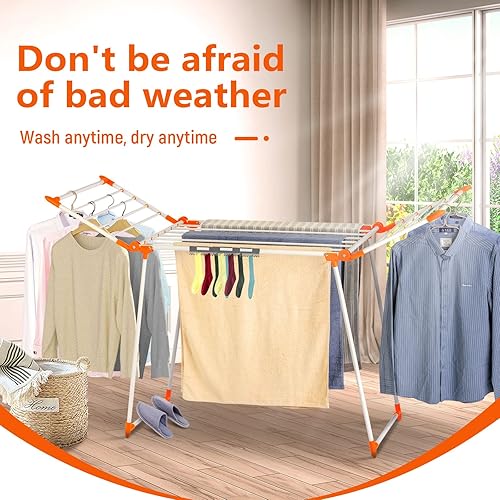 Miniatura 5 de Estante de secado de ropa, estante de lavandería Gullwing, plegable, ahorra espacio, con clips para calcetines, para ropa, toallas, ropa de cama