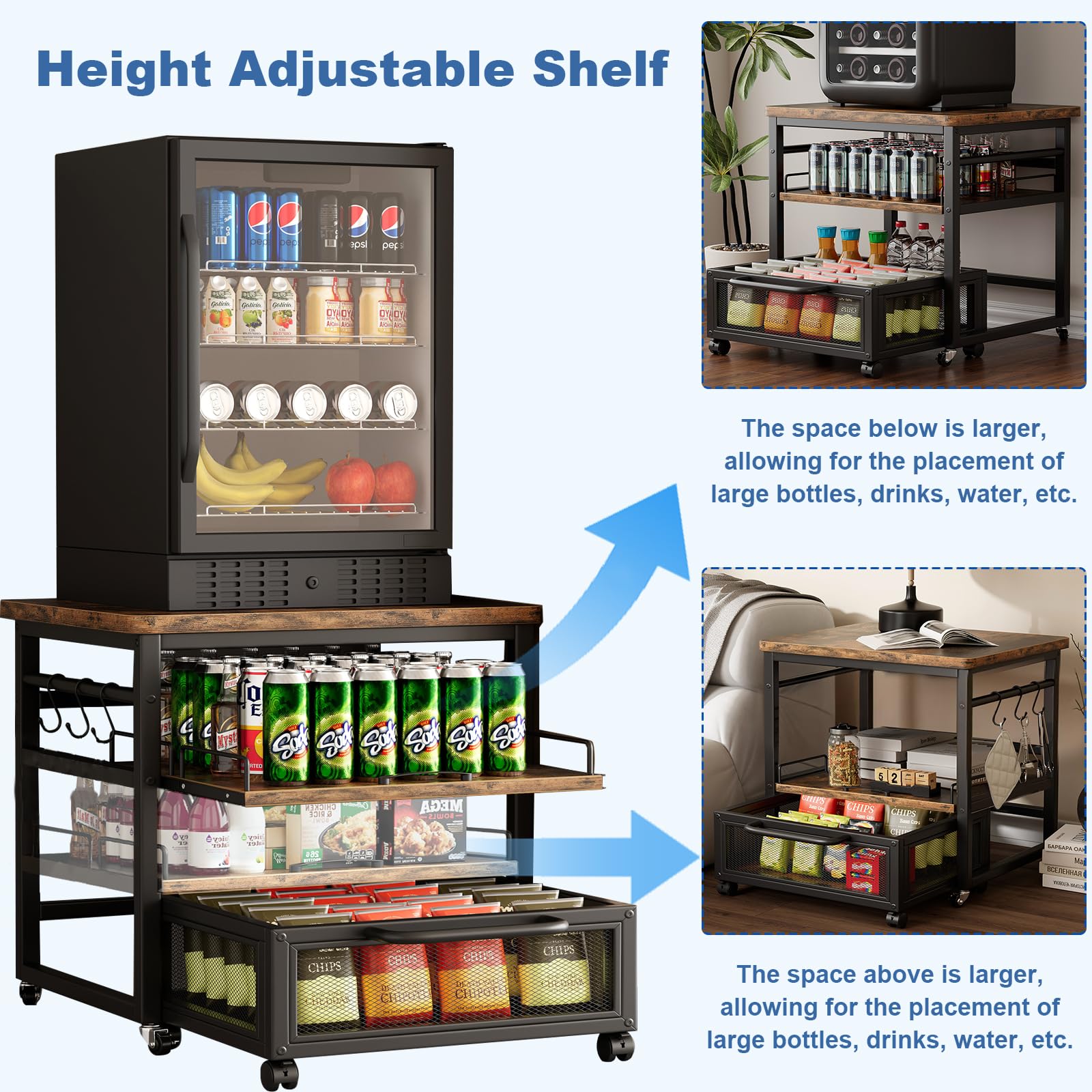 DDJ Mini soporte para refrigerador con almacenamiento, mesa de refrigerador resistente de 20.8 x 20.8 pulgadas con estante extraíble y ruedas bloqueables, soporte compacto para refrigerador con cesta
