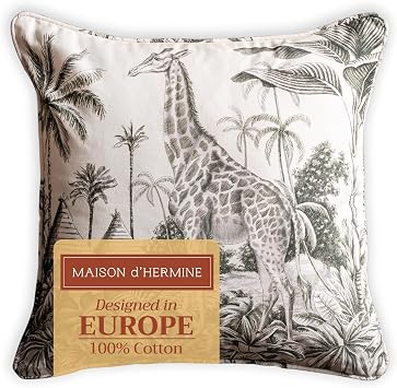 Maison d Hermine Decorative Pillow Covers 20 x 20 inch Square 100% Cotton Toile Throw Pillow Covers with Invisible Zipper for Couch Chair Sofas Spring Summer Savana Jouy - Beige Giraffe
