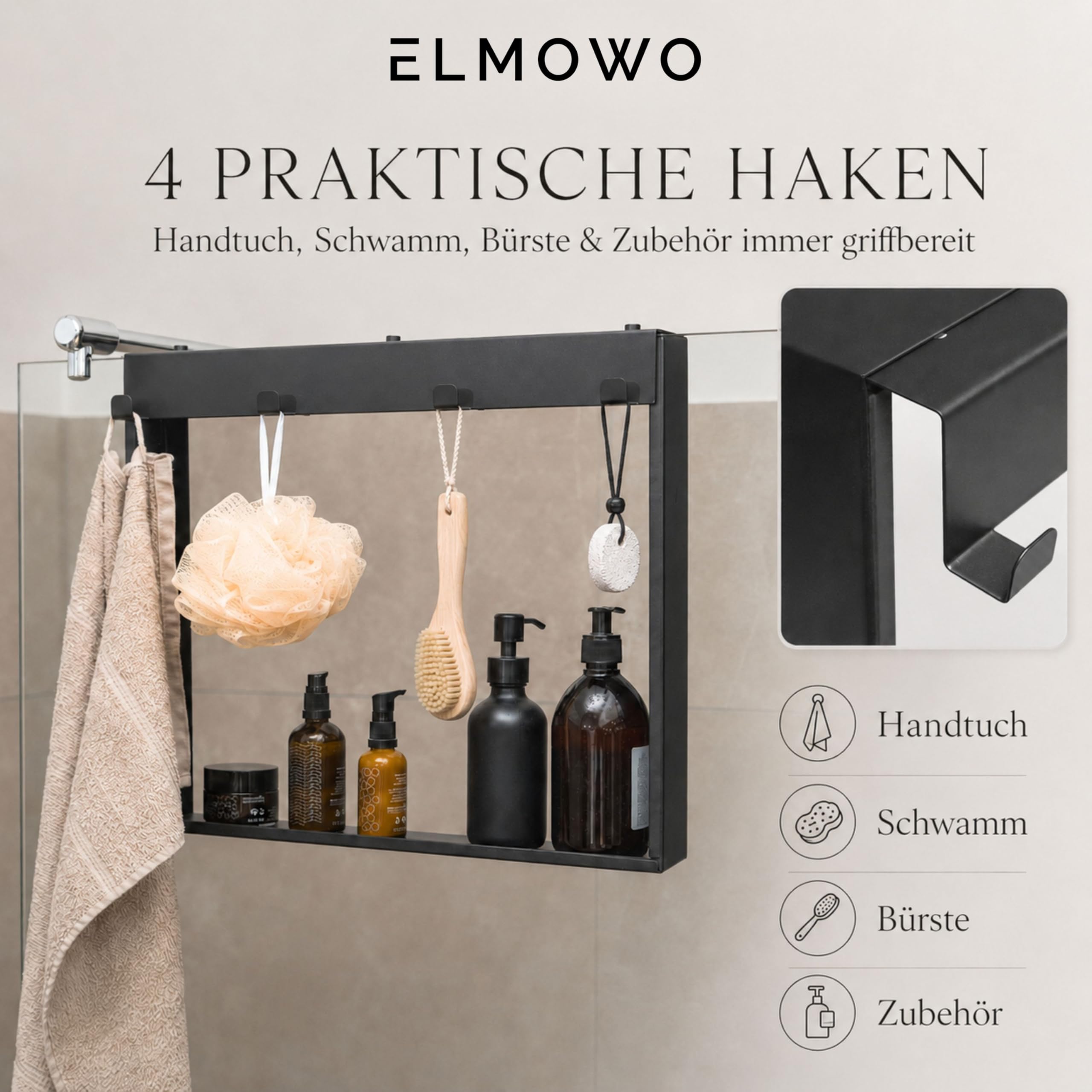 Edelstahl Duschablage zum Hängen ohne Bohren für die Glastür/Glaswand - Duschregal zum Einhängen mit 4 Haken - Regal für Glasduschwand als Duschkorb und Organizer für Badezimmer (schwarz)