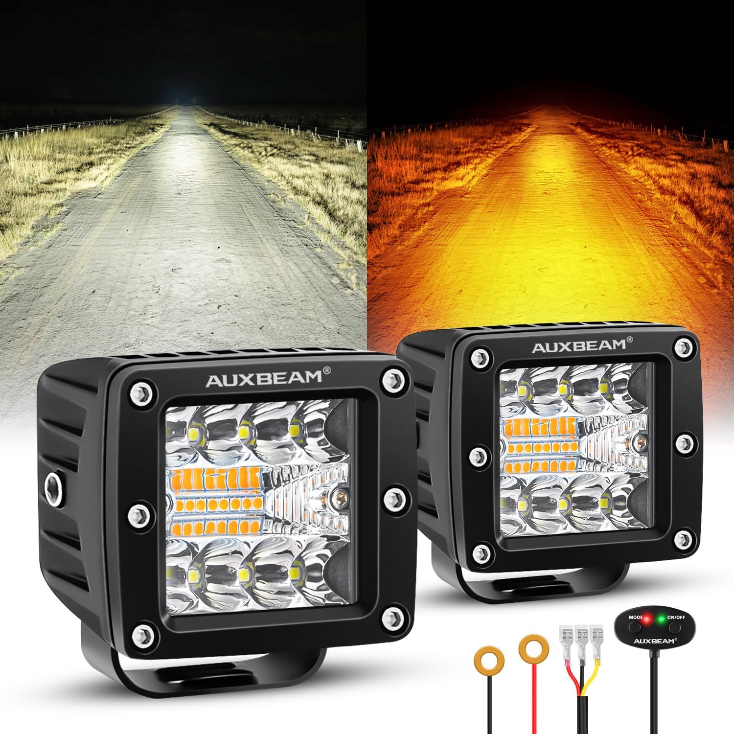 6 Modes Amber White Series LED Cubes, 3Inch 72W LED Pods Dual Color Off-Road Strobe Lights, Spot Flood Combo Driving Offroad Ditch Lights Flashing Warning Functional, Pair