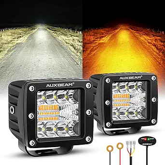 Auxbeam 3-Inch Amber White Series LED Cubes, 6 Modes, Dual Color Off-Road Strobe Lights, Pair
