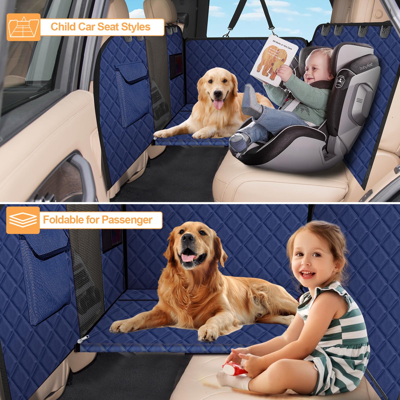 Vinstatin Coperta per cani per auto, con robusta tavola in legno duro, impermeabile, prevenzione delle cadute, sedile posteriore per cani, con cinture di sicurezza per tutte le auto, SUV