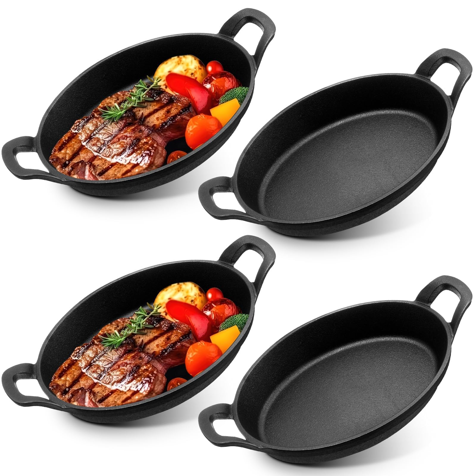 Lot de 4 Mini Poêles en Fonte avec Poignées, 21 x 15 cm Plat de Service Ovale en Fonte, Plat à Four Individuel Pré-assaisonné, Poêle Polyvalente pour Cuisson, Four, Camping et Cuisine