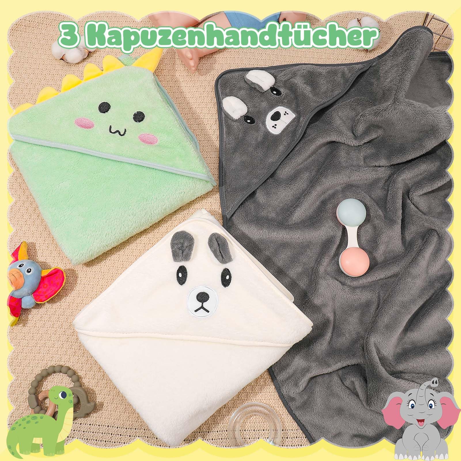 3PCS Serviette De Bain Capuche Bébé 80x80cm - Drap De Bain Nouveau-Né Et Cape Piscine 0-5 Ans