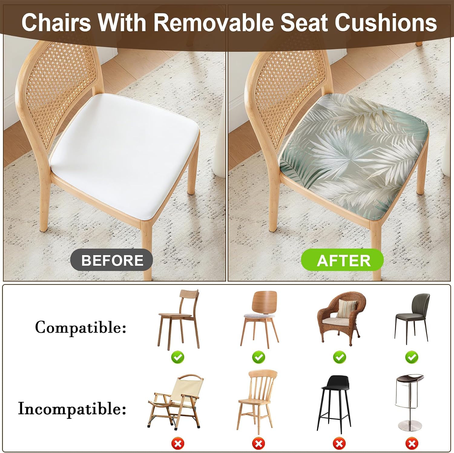 BVBOX Seat Covers Set of 4 for Dining Room Chairs Stretch Light Luxury French Style Dining Chair Covers Washable Removable Cushion Slipcovers Seat Protector (Soft Palm Feather, Set of 4)