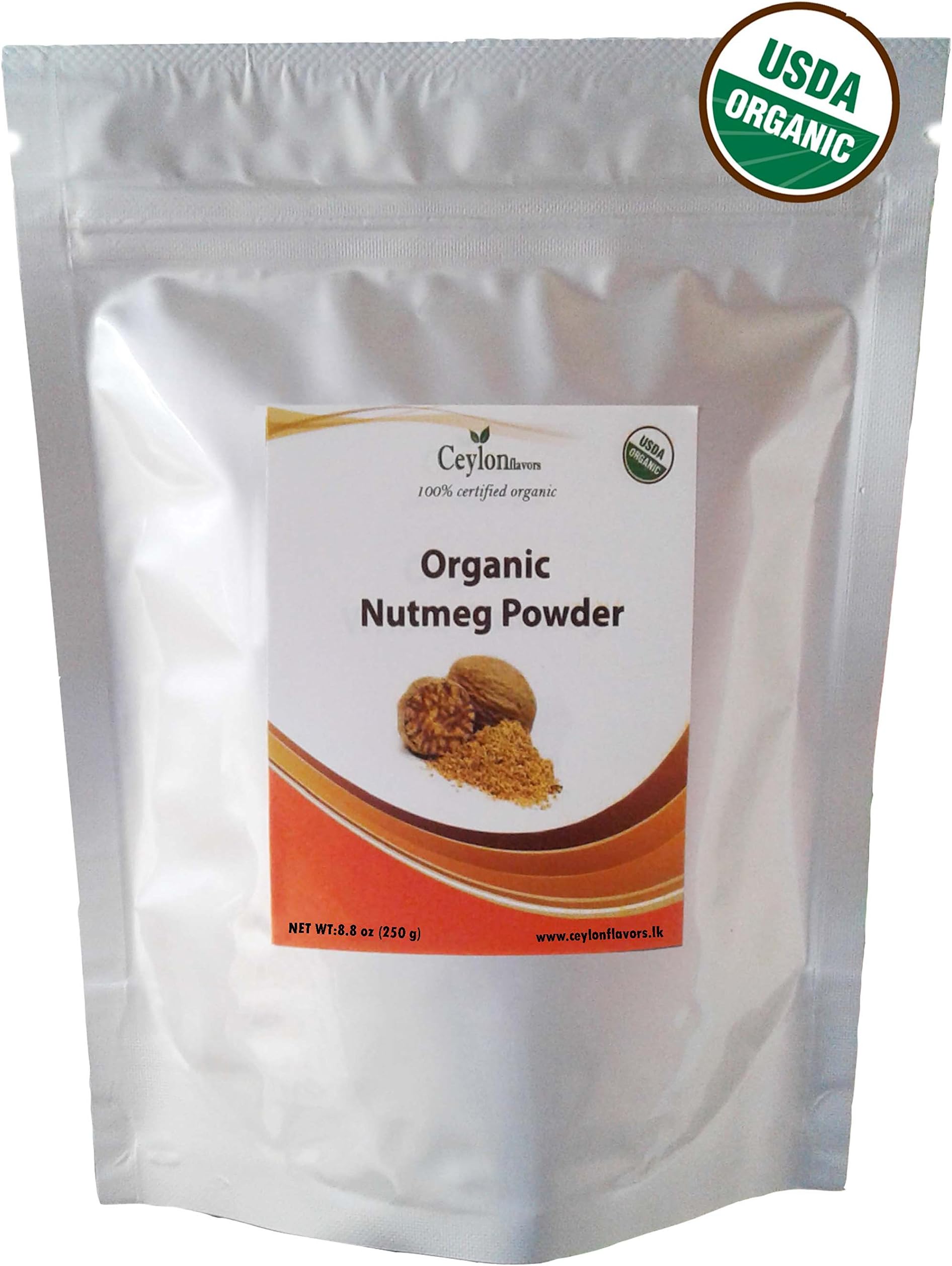 Organic Nutmeg Powder (8.8 oz), Premium Grade, Harvested & Packed from a USDA Certified Organic Farm in Sri Lanka (stand up resealable pouch)