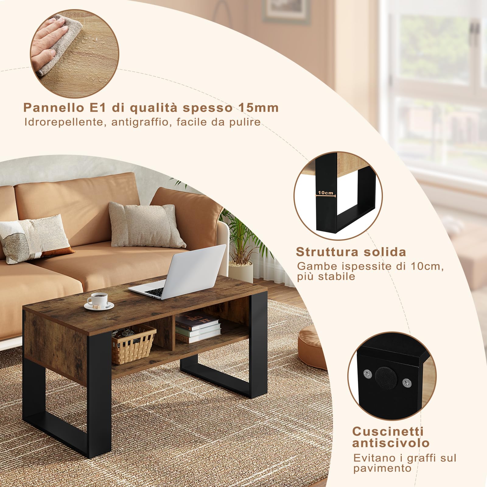 WOLTU Tavolino da Salotto/Divano con 2 Scomparti Aperti, Tavolino Basso, Tavolo Laterale per Soggiorno, Camera da Letto, in Legno, Marrone Rustico + Nero, 90x45x45 cm, BTS16hov