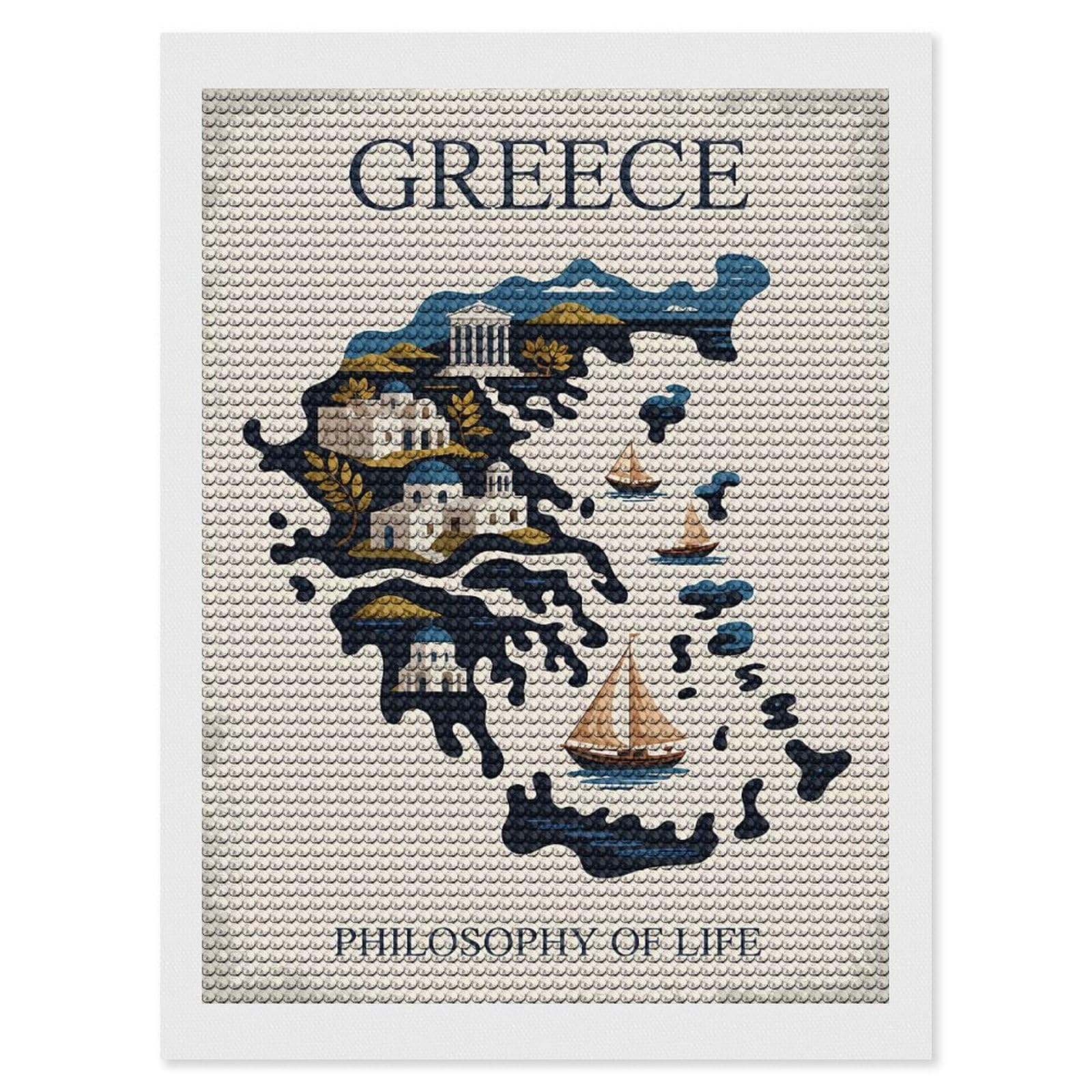 Junmoney Greece Philosophy of Life Map(2) Round Drill Diamond Painting 12"x16", for Craft Lovers, Stress Relief Craft, Bedroom Decor, Festive Craft Gift