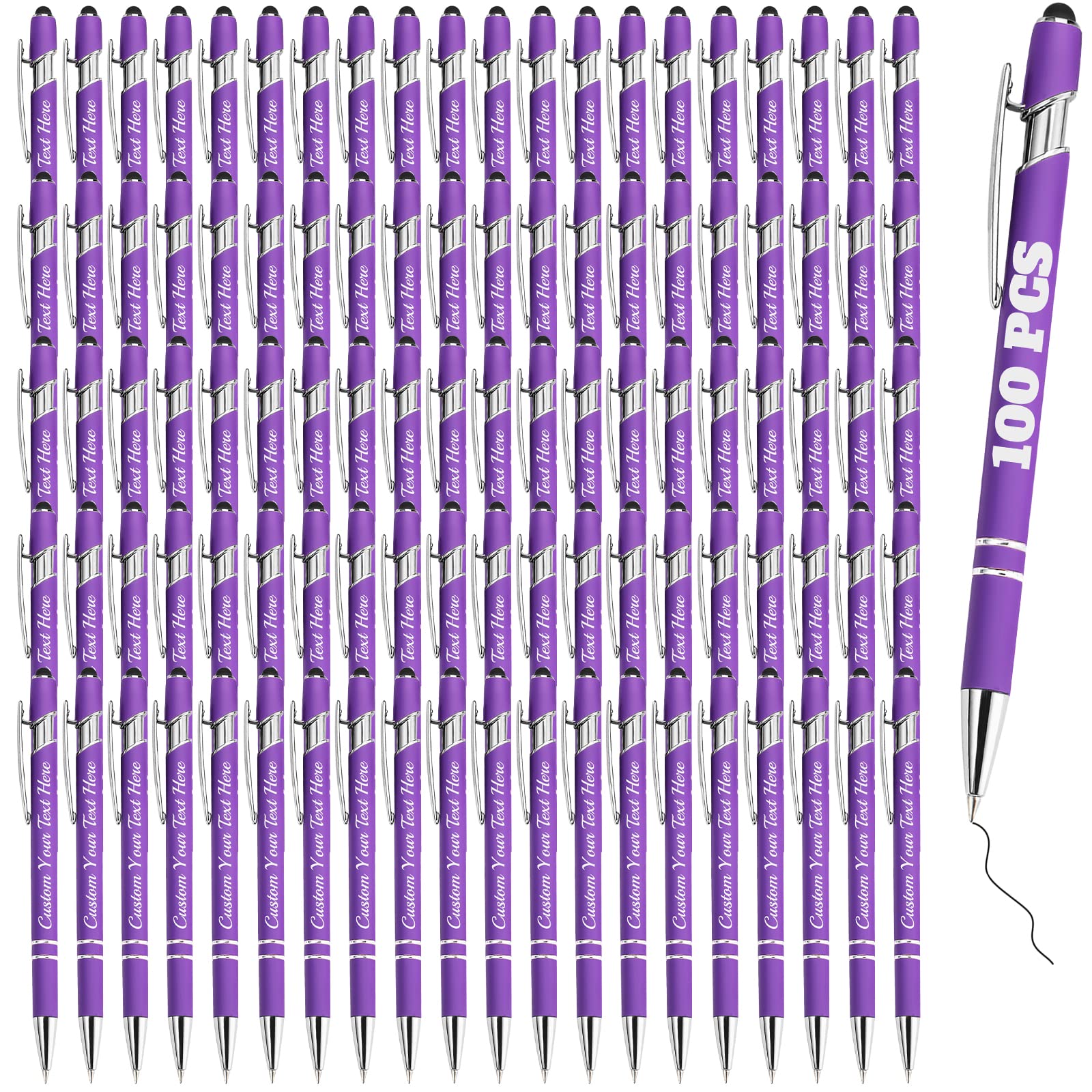 Personalised Pens Bulk 100 with Name Custom Engraving Ballpoint Pens with Stylus Tip Customised Smooth Writing Pens Personalised Gifts for Anniversary Birthday or Graduation(Purlpe,Black Ink)