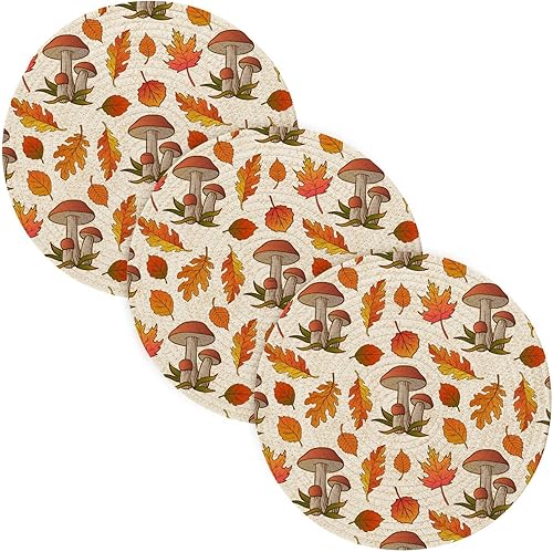 3 Pcs Trivet Pot Holder for Hot Dishes 15in Cotton Thread Weave Kitchen Hot Pads for Crock Pot Dish Mat Autumn Maple Leaf Mushrooms