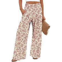 Findsweet Womens Wide Leg Pants Palazzo Casual Flowy Elastic Waist Pant Dressy Long Lounge with Pockets