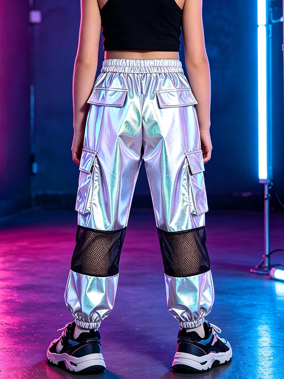 Yhong Girls Metallic Pants Mesh Patchwork Trousers Bottoms Sparkly Sweatpants for Competition School Show