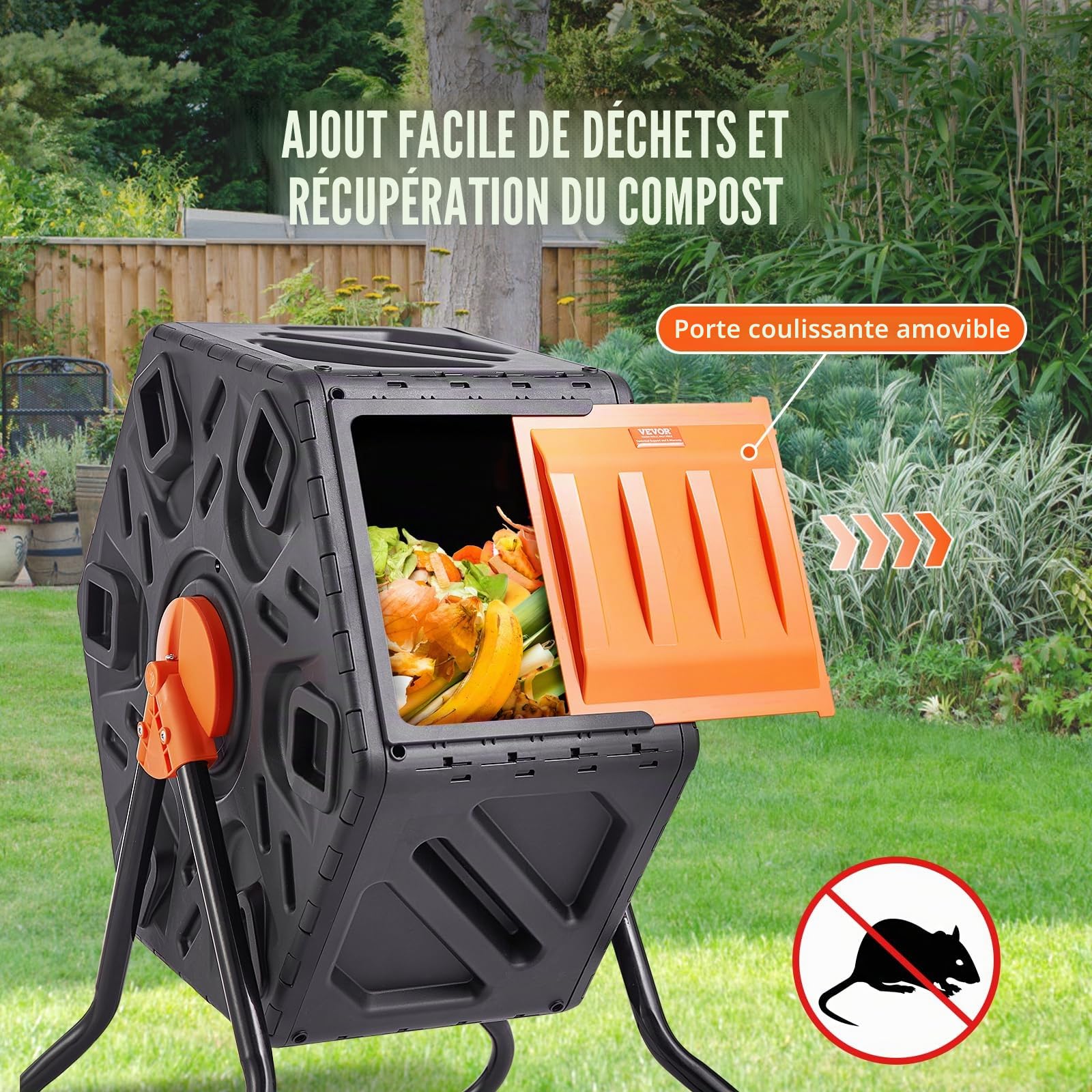 VEVOR Composteur de Jardin Rotatif 70 L Bac à Compost Rotatif 360° en PP et Acier sans BPA Charge 20 kg Chambre Unique pour Compostage des Déchets Organiques Cuisine Jardinier Terrasse Patio Extérieur