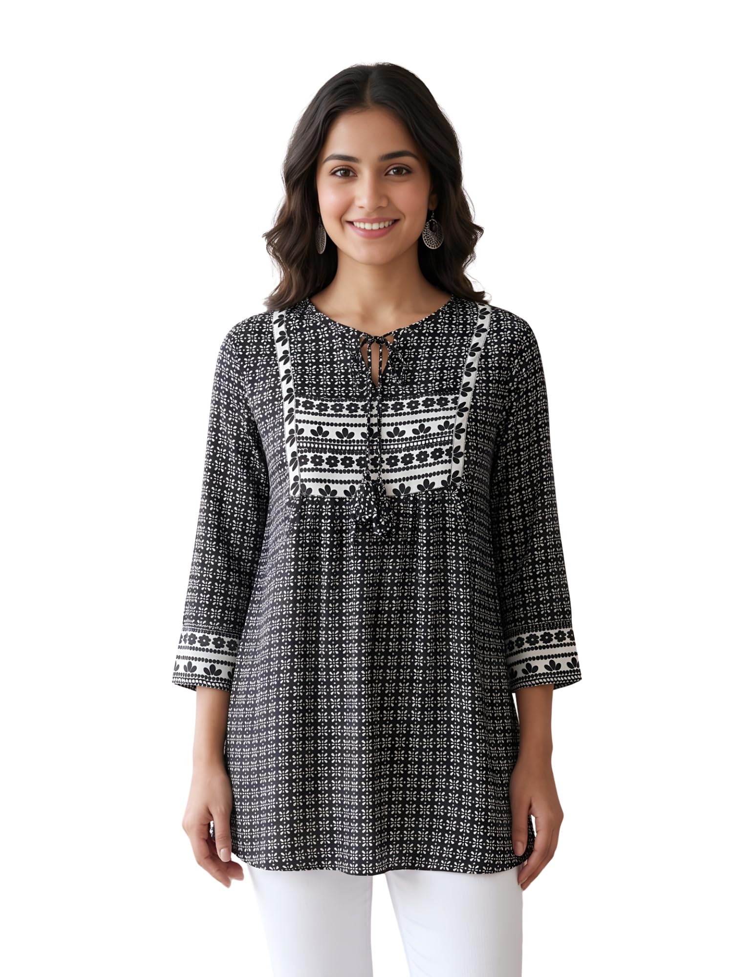 Yash Gallery Women’s Wrinkle Free Printed Short Kurti with Yoke & Tie-Up Neck | Comfortable 3/4 Sleeve Ethnic Top | Casual Everyday Wear for Office, College & Outings