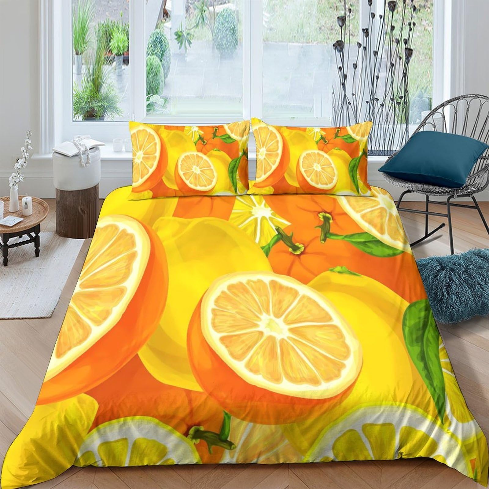GPLZQXKJNH 3D Printed Orange Citrus Fruit Duvet Cover Microfiber Breathable Lemon Bedding Set with 2 Pillowcases for Bedroom Decor Single（135x200cm）