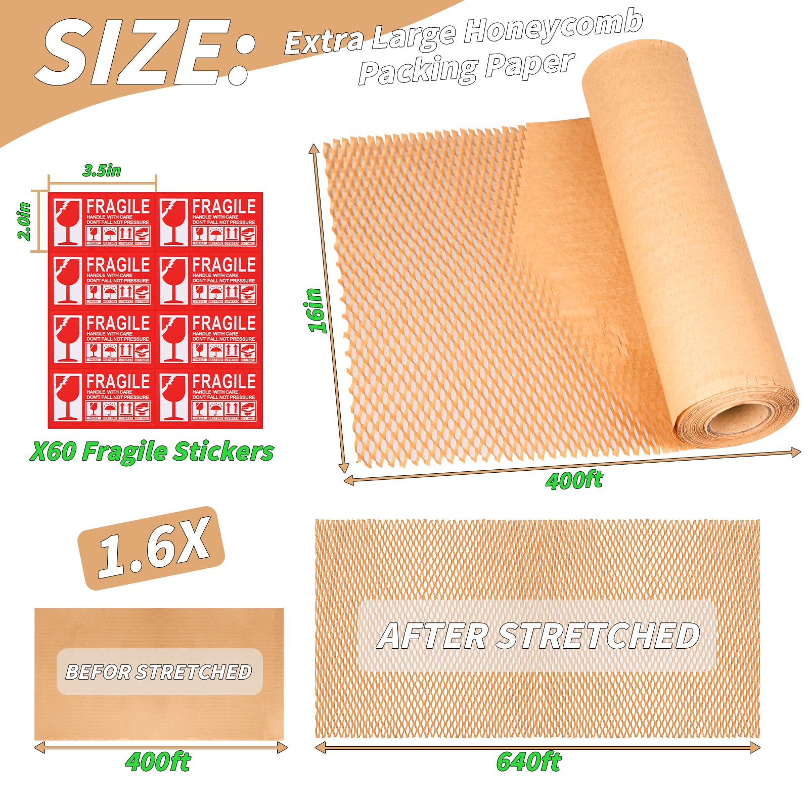 Papel de embalaje de panal de 16 pulgadas x 400 pies, 4 piezas de envoltura de amortiguación de burbujas para embalaje/envío/mudanza, papel de embalaje de burbujas ecológico para artículos frágiles,