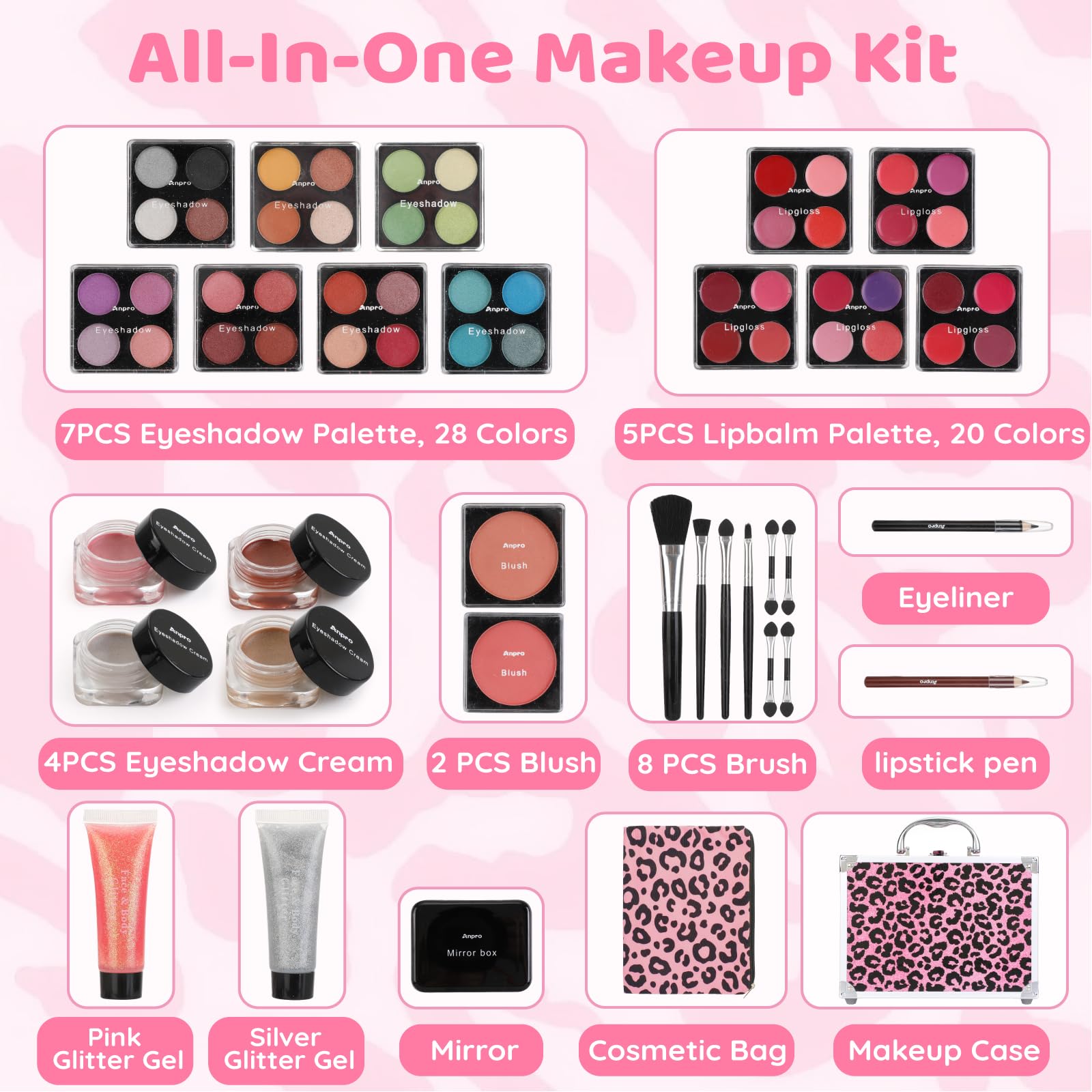 Anpro Estuche de Maquillaje Todo en Uno con Diseño Leopardo, Incluye Set de Maquillaje Profesional para Adolescentes, Pinceles, Paleta de Sombras, Regalo Ideal para Niñas - Rosa Leopardo