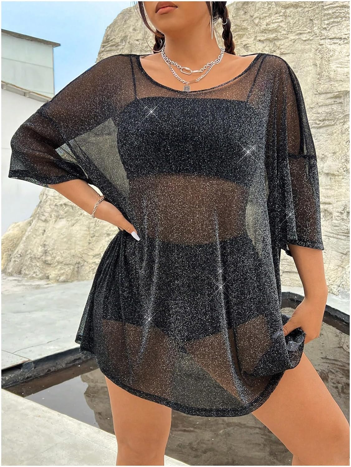 WDIRARA Women's Plus Size Sparkle Mesh Y2K Tee Top Loose Drop Shoulder Party Club Wear T Shirts - Image 3