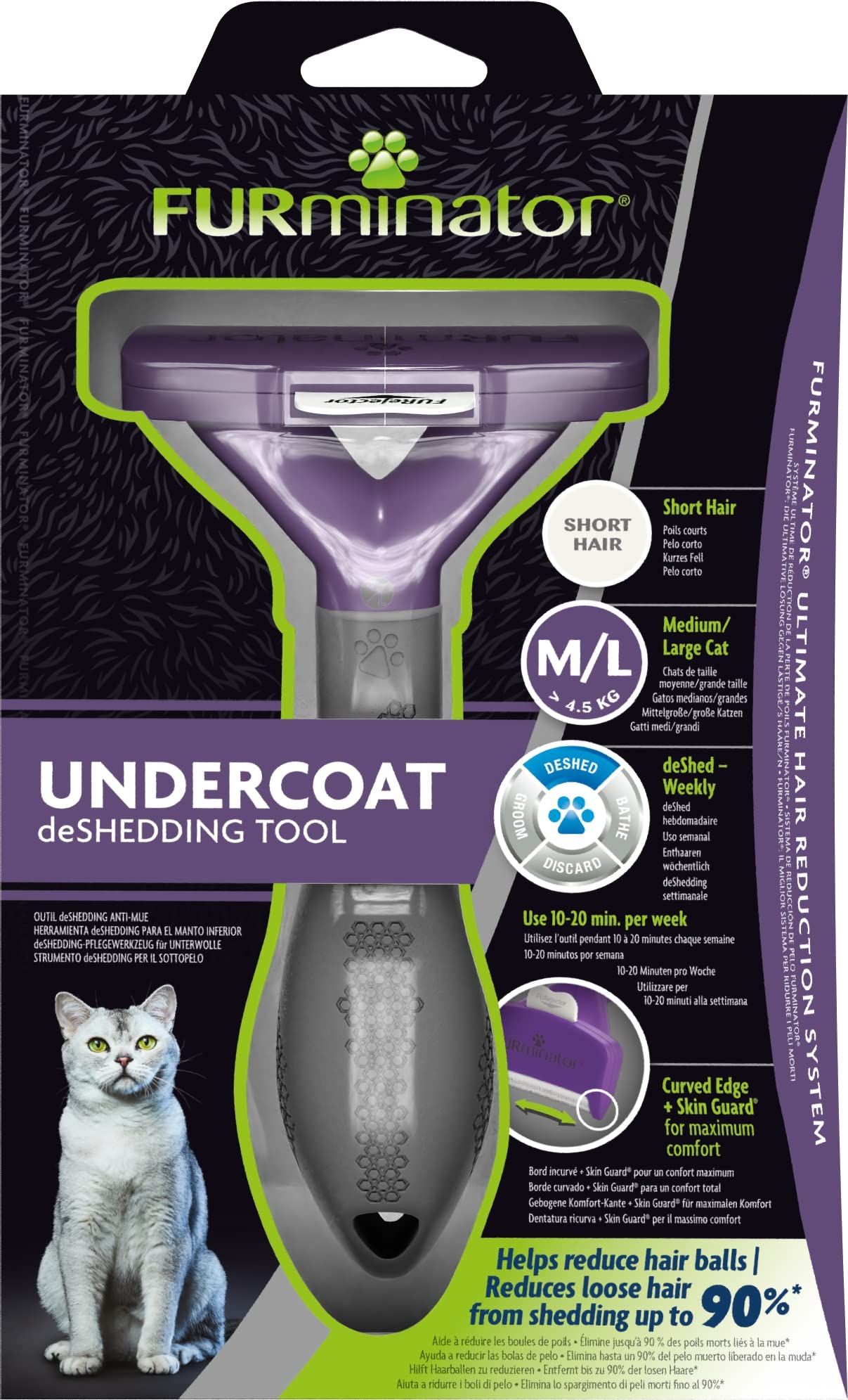 FURminator deShedding-Tool Taglia del gatto M/L - Spazzola per gatti di medie e grandi dimensioni per rimuovere il sottopelo, a pelo corto