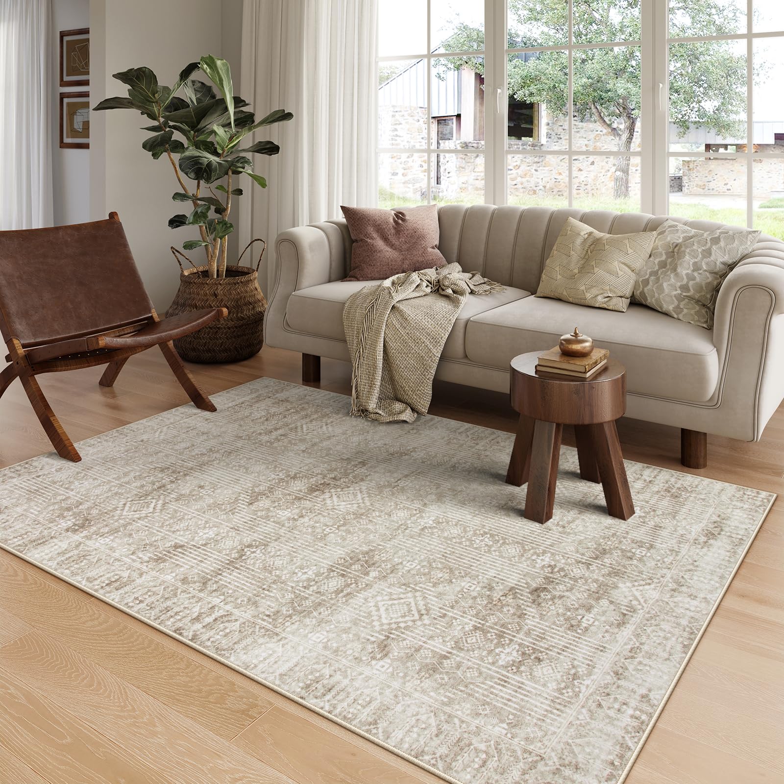 Lahome Beige Neutral Rugs for Living Room 5x7, Machine Washable Farmhouse Rug for Bedroom, Boho Soft Warm Carpet for Dining Room Playroom Nursery Home Office 5' x7' Light Tan