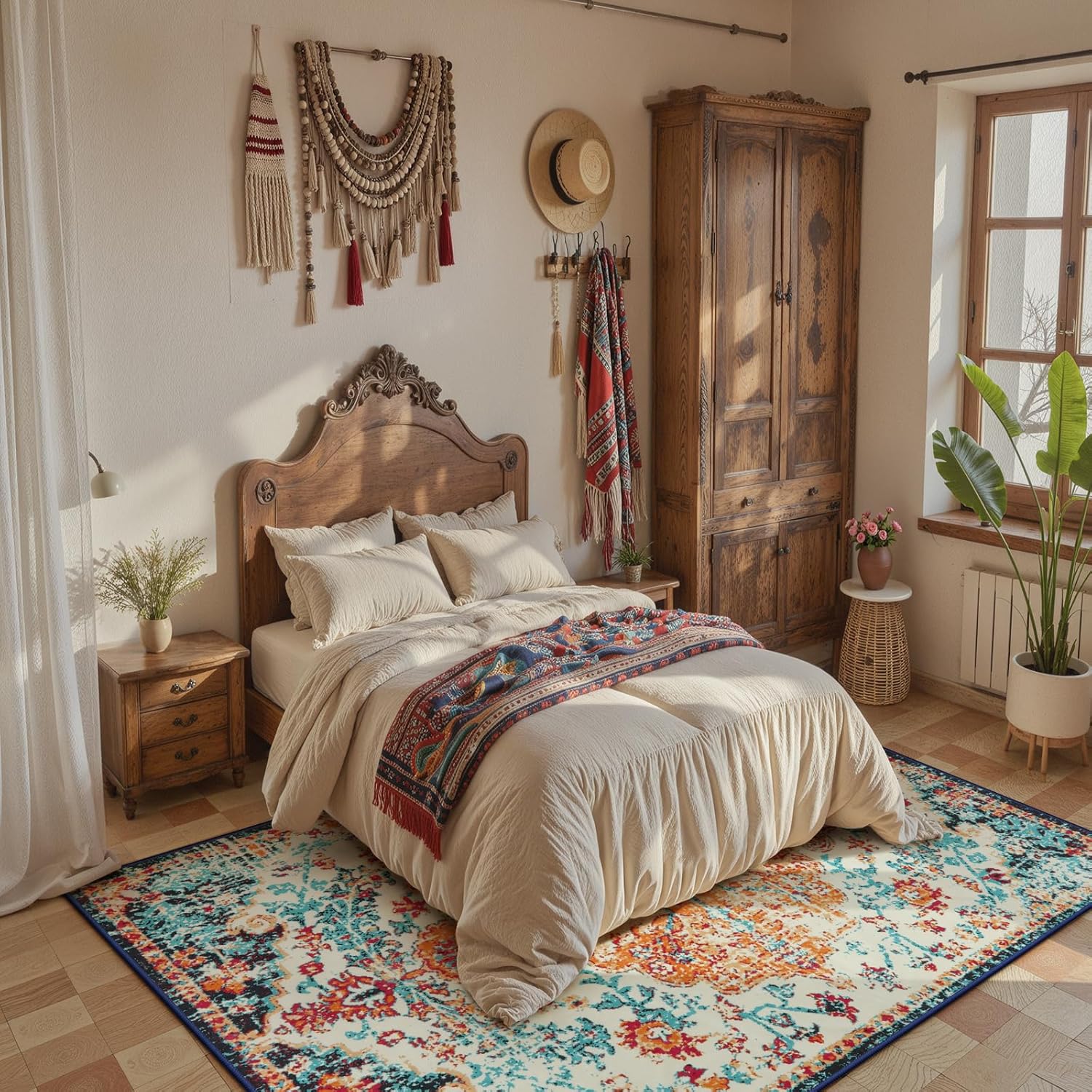 Lahome Bohemian Floral Medallion Area Rug - 5x7 Oriental Distressed Large Bedroom Rug, Soft Non-Slip Washable Dining Room Mat Indoor Throw Nursery Floor Carpet for Guest Room Entryway - Image 2