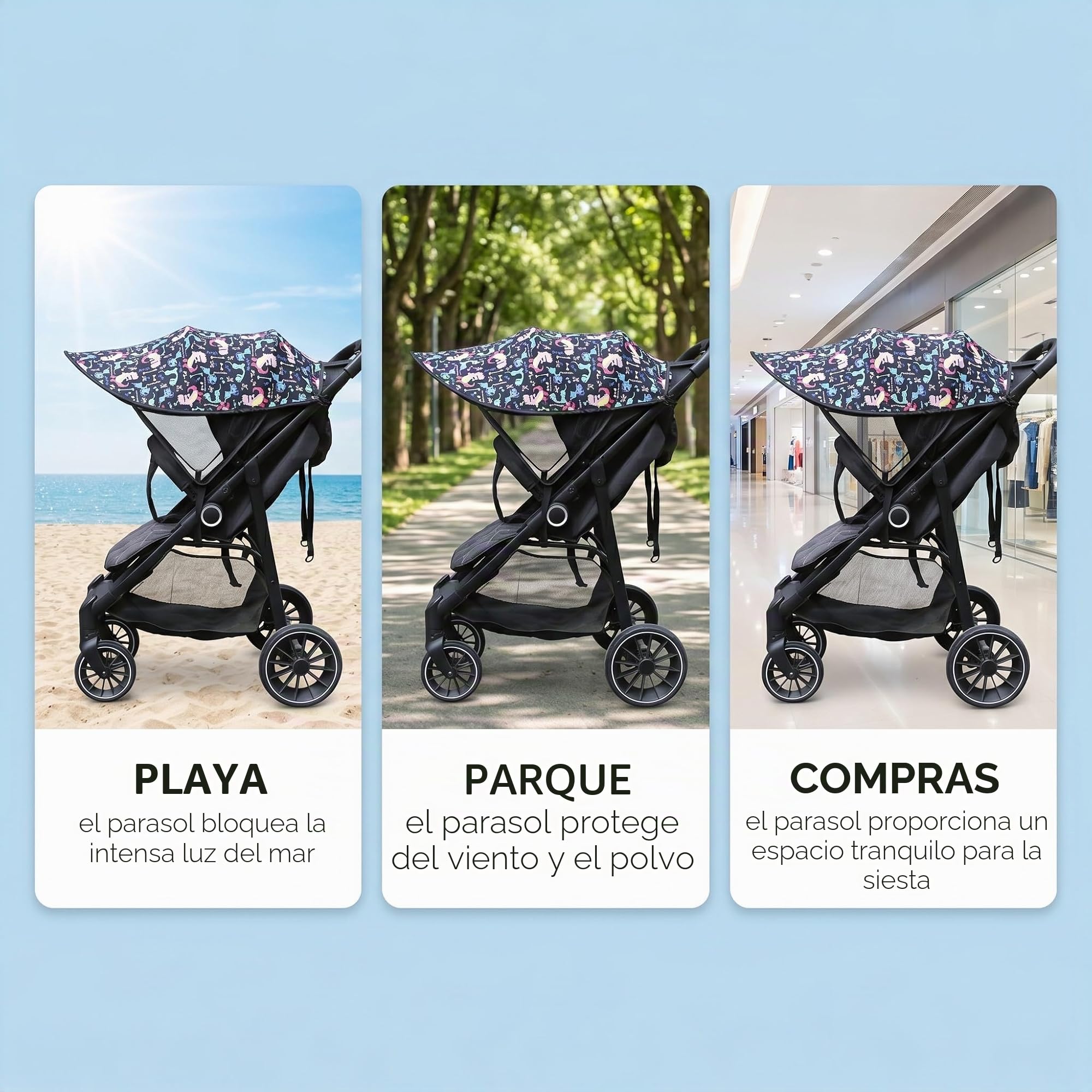 Sombrilla Carrito Bebé Universal Dinosaurios - Parasol Carrito Bebé Impermeable Protección Solar UPF 50+, Sombrilla para Carrito de Bebé Ligero y Transpirable, Accesorio Cochecito Bebé