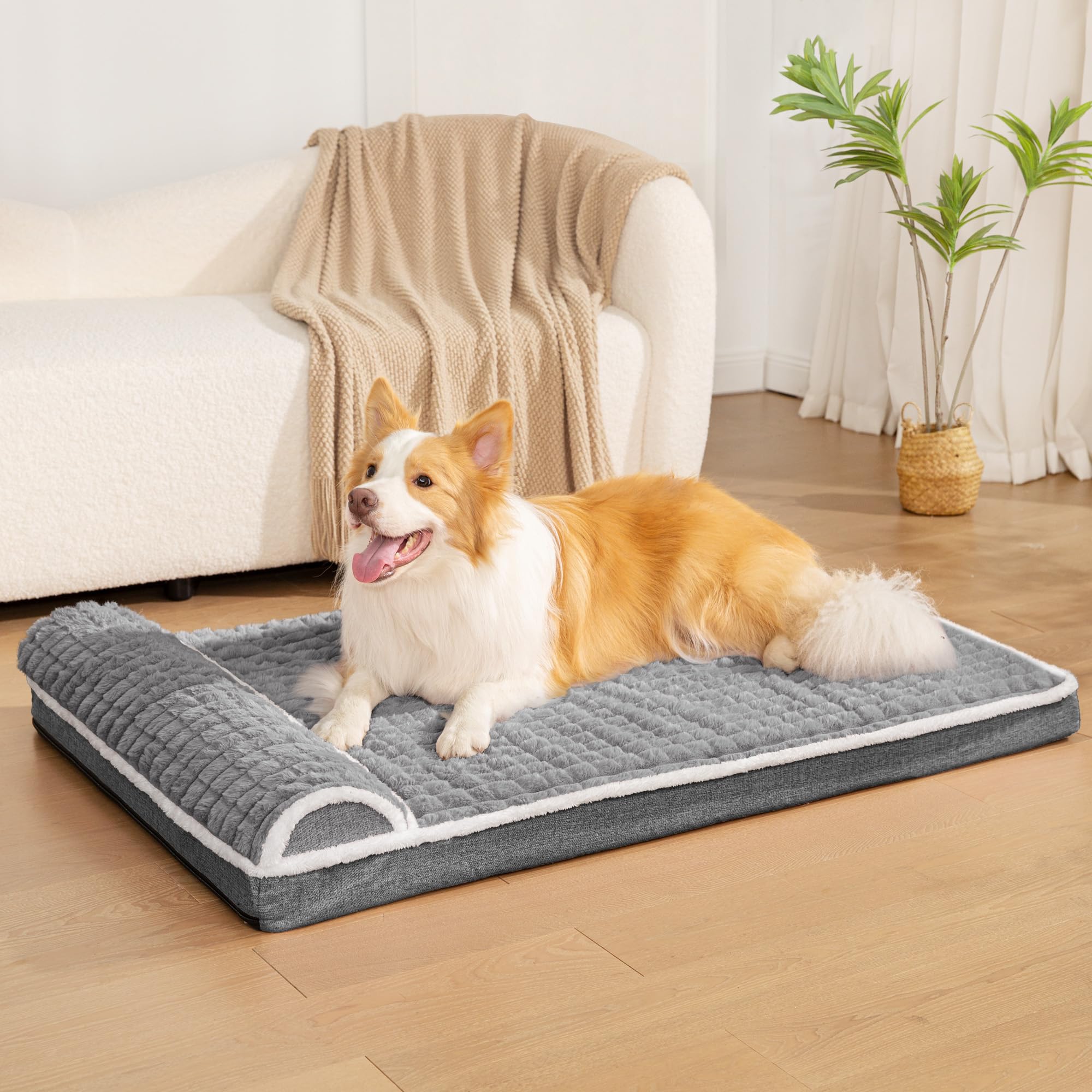 Panier Chien Moyen Orthopédique, Lit Matelas pour Chien avec Oreiller Latéral Moelleux, Coussin Déhoussable Lavable en Machine, Imperméable, Base Antidérapante, 91x61cm, Gris