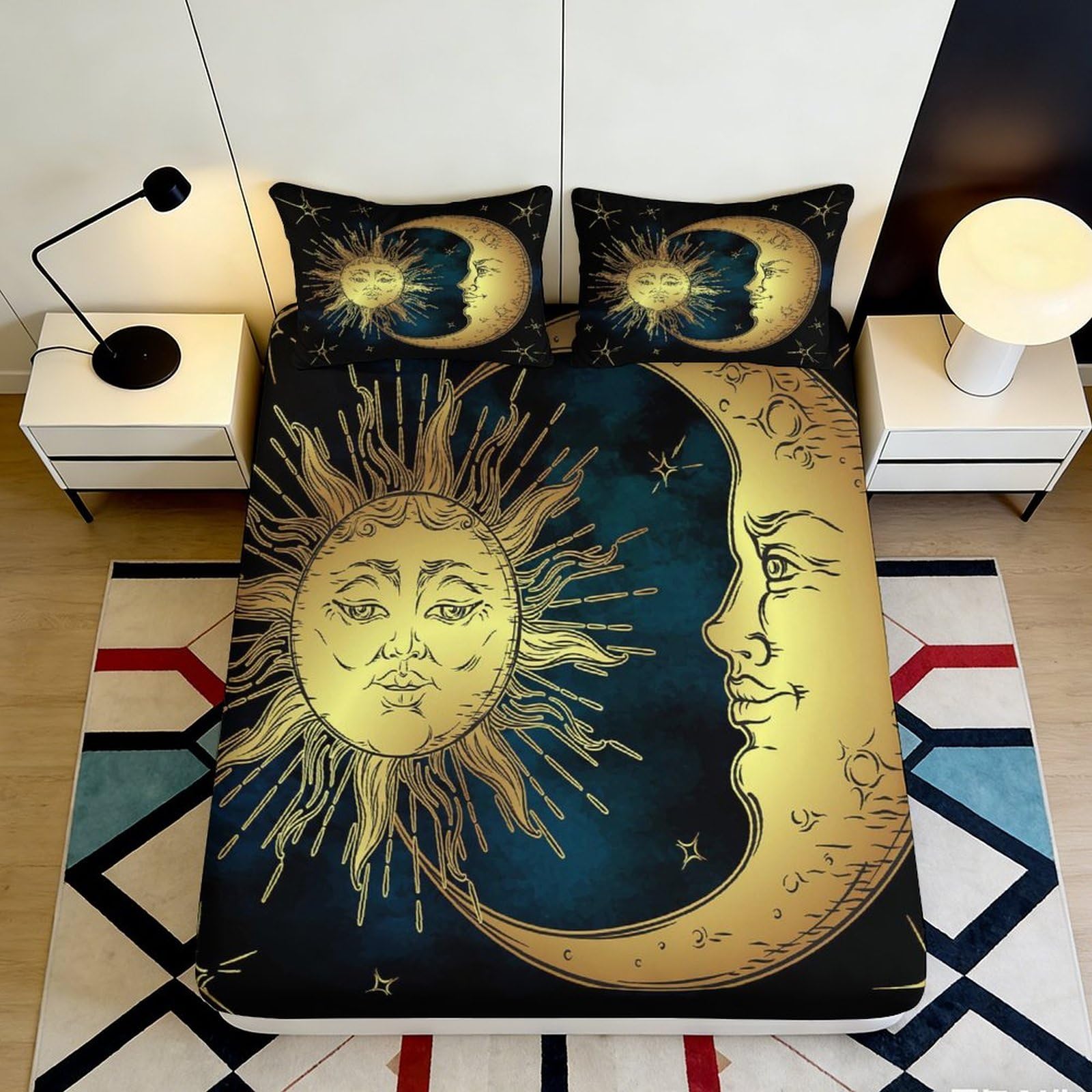 3D Printed Sun Moon Fitted Sheet Microfiber Deep Pocket Non-Slip Bedroom Bedding Celestial Mattress Fitted Cover for Adults 120x200x25cm