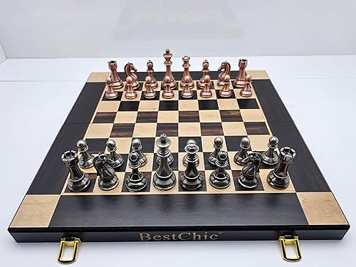 Miniatura 8 de Juego de ajedrez de metal retro de 15 pulgadas, tablero de ajedrez de madera plegable con piezas de ajedrez de metal pesadas, ideal para