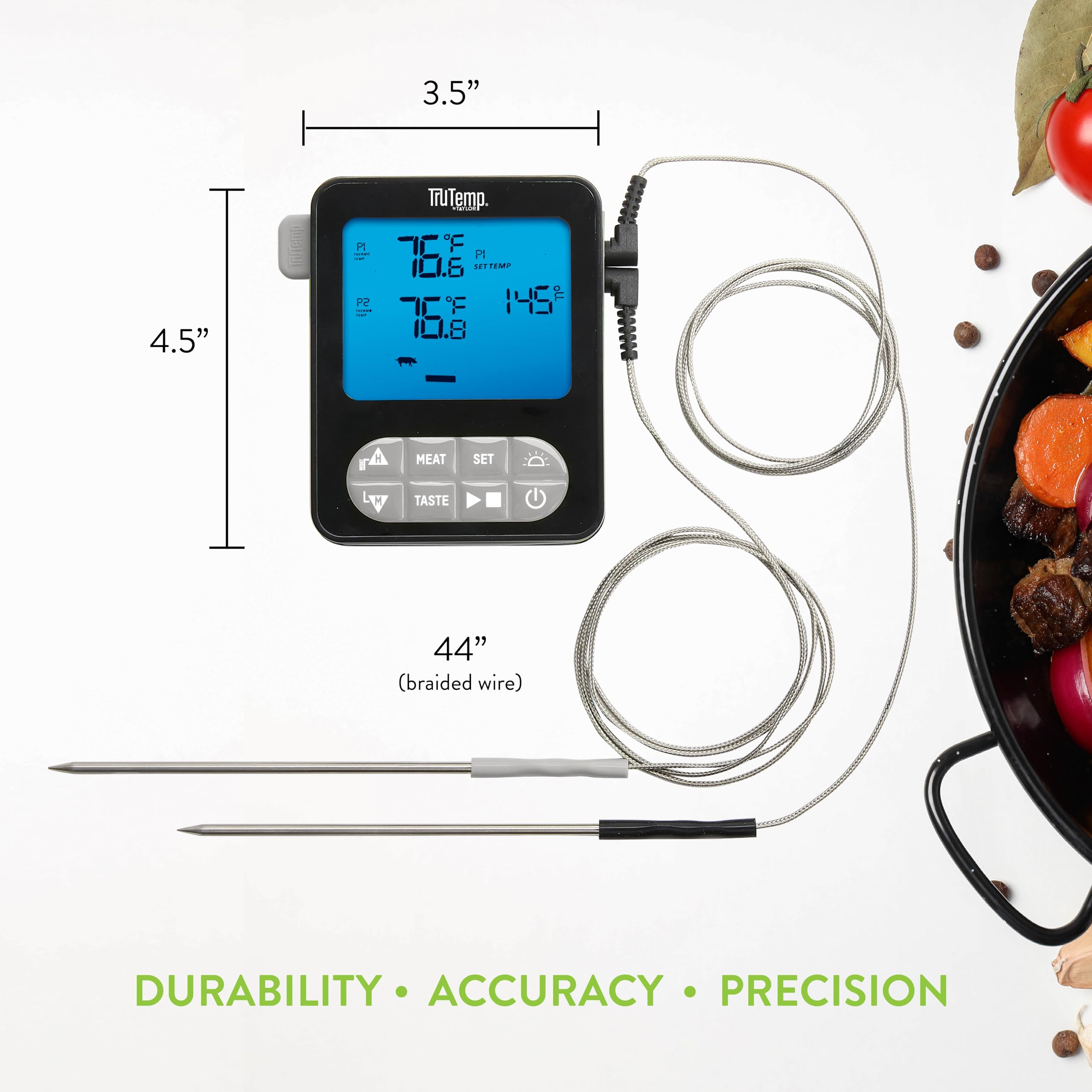 Taylor TruTemp Termómetro programable para carne y alimentos con cable de doble sonda, digital, monitor de dos platos, hornear, asar, fácil de usar, retroiluminado, gris