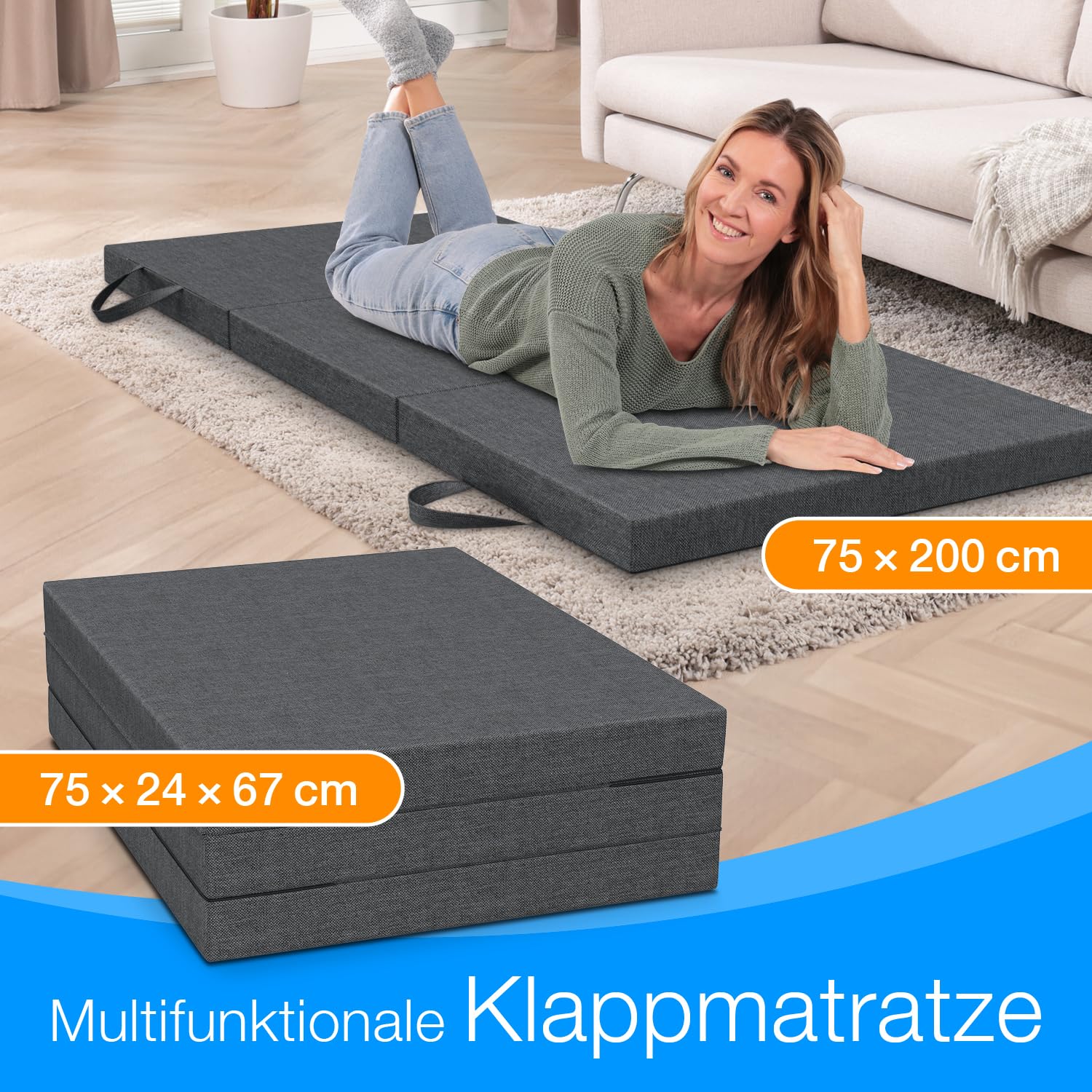 ELONEO Klappmatratze 75x200 cm, 8 cm hoch, Gästematratze klappbar, Faltmatratze, Faltbare Matratze, Bandscheibenwürfel, Reisematratze, Gästebett klappbar, Klappbett waschbar