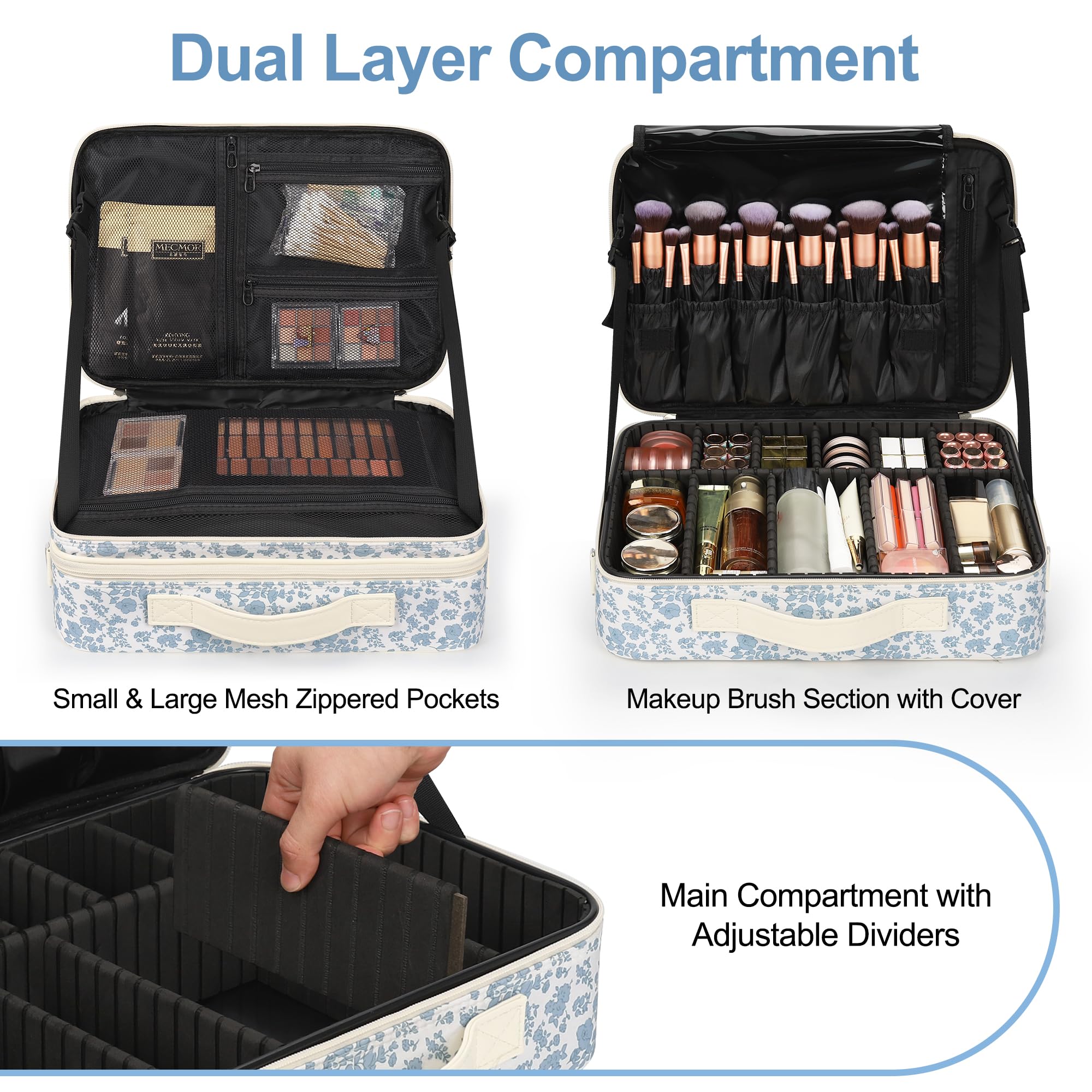 Relavel Trousse de maquillage de voyage avec séparateurs réglables pour cosmétiques, pinceaux de maquillage, articles de toilette, bijoux, imprimé floral, Grand, Grande trousse de maquillage