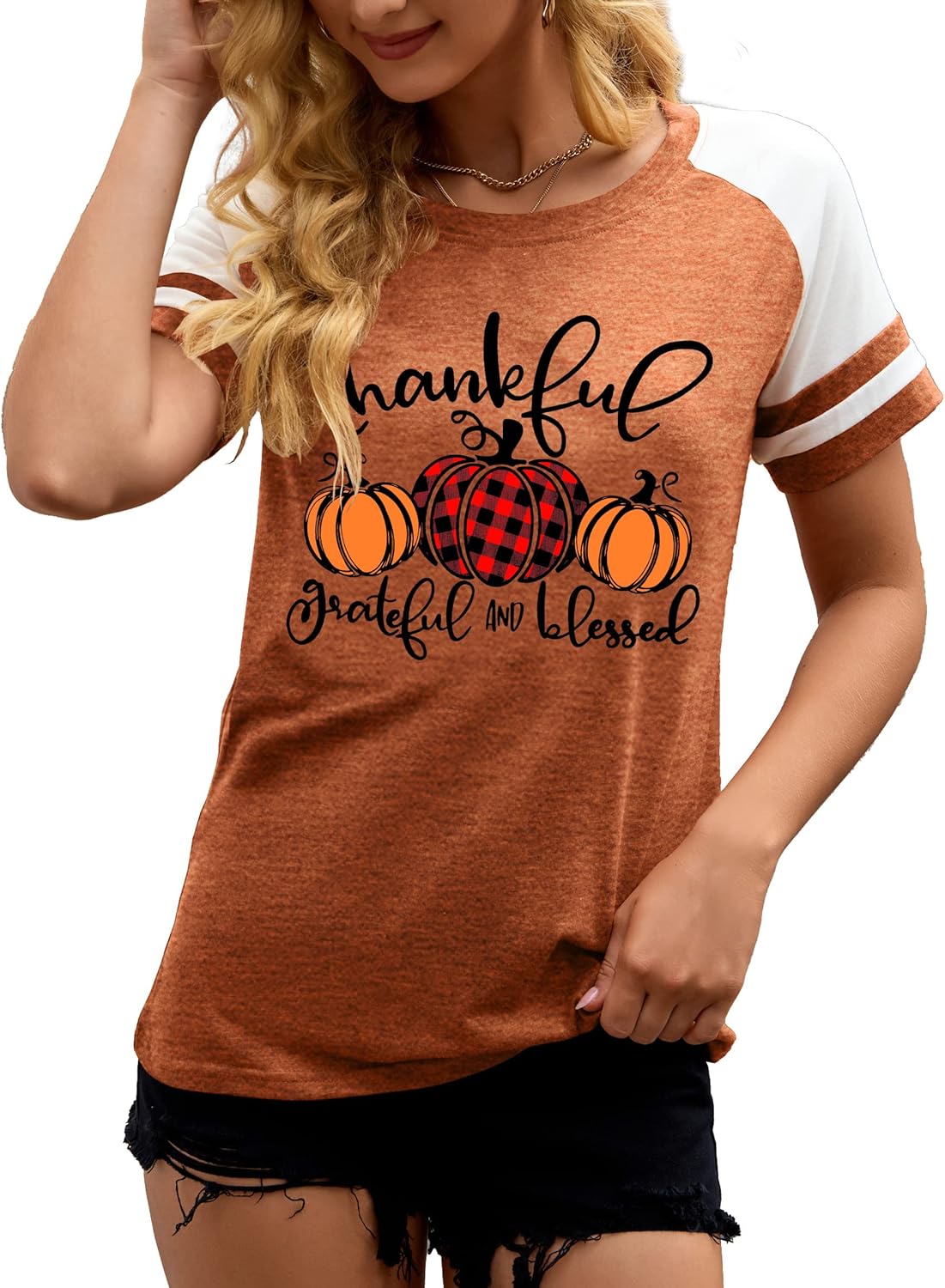 Thankful Grateful Blessed Shirts Women Thanksgiving Pumpkin T-Shirt Raglan Short Sleeve Fall Tshirts - Image 2