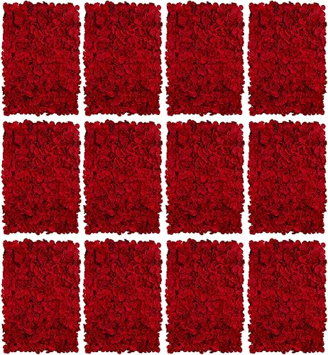 BLOSMON Panel de fondo de pared de flores, 12 piezas de 24 x 16 pulgadas, paneles florales de hortensias artificiales rojas para decoración de