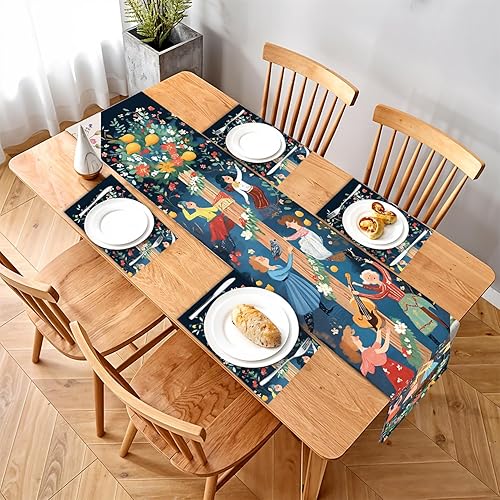 Miniatura 40 de Juego de manteles individuales y camino de mesa de muñeco de nieve y árbol de Navidad, 7 piezas (1 camino de mesa + 6 manteles individuales), diseño