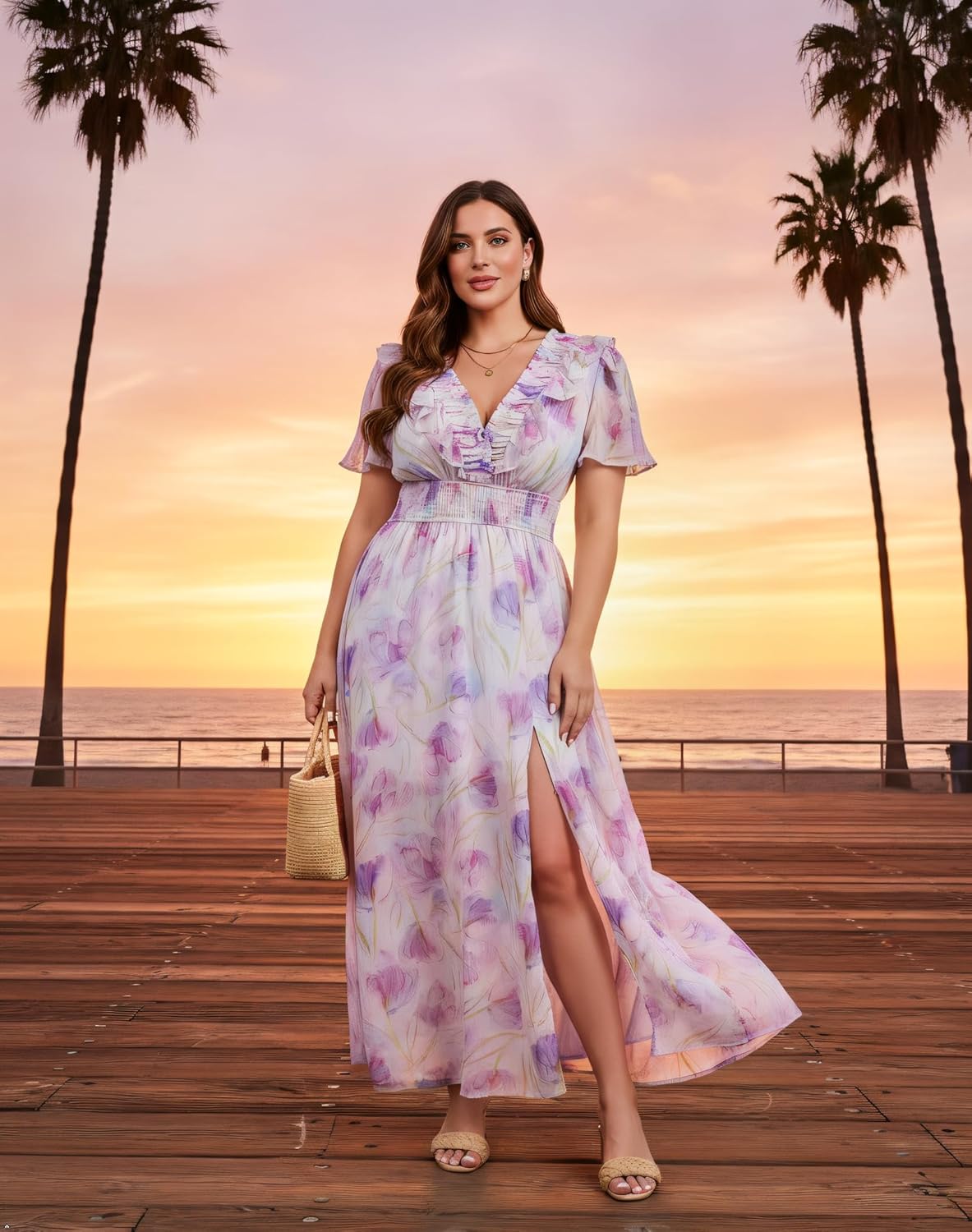 Wedding Guest Party Dresses for Curvy Women, V Neck Flowy Dress with Slit, Stretchy Waist Dress That Fit and Flatter