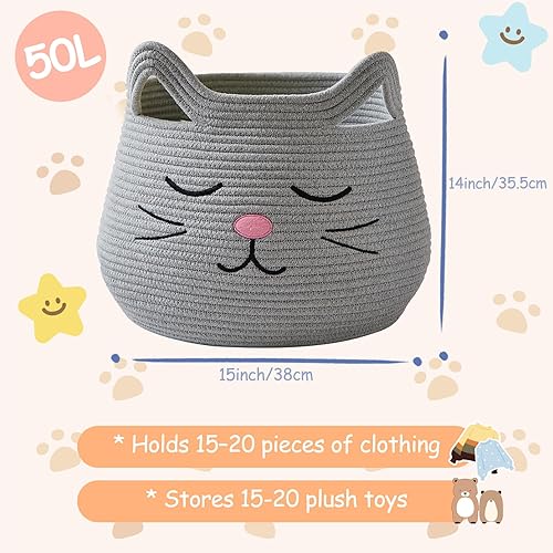 Miniatura 27 de OMERAI Cesta de animales para gatos, bonita canasta de manta grande tejida de cuerda de algodón, almacenamiento de juguetes para decoración del Gris