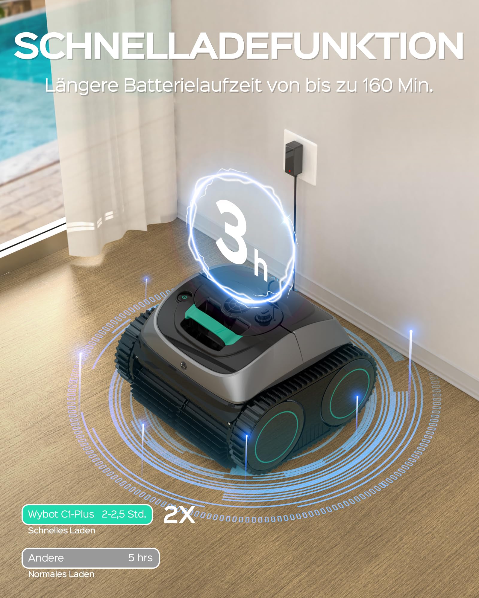 WYBOT C1-Plus Poolroboter für Einbau- & Überbaupools, Poolroboter Akku: 160 Min, Laufzeit. 4-in-1 Poolroboter Akku Wand und Boden Reinigung bis 160m², Smart Navigation & App - Graugrün
