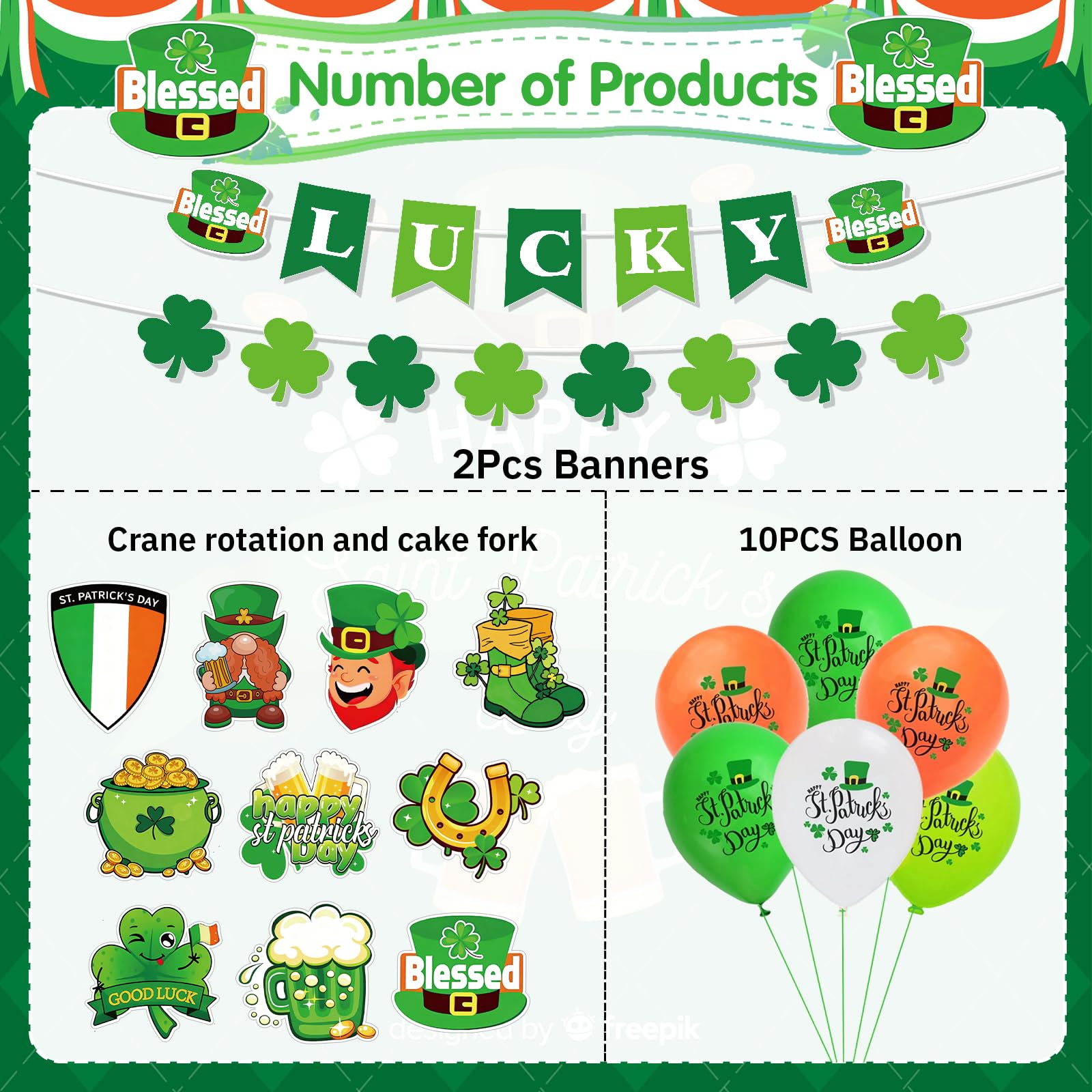 JoyAura St Patricks Day Decorations, St Patrick’s Day Shamrock Shield Banner with Hanging Bunting and Balloons, Cake Topper - Image 3