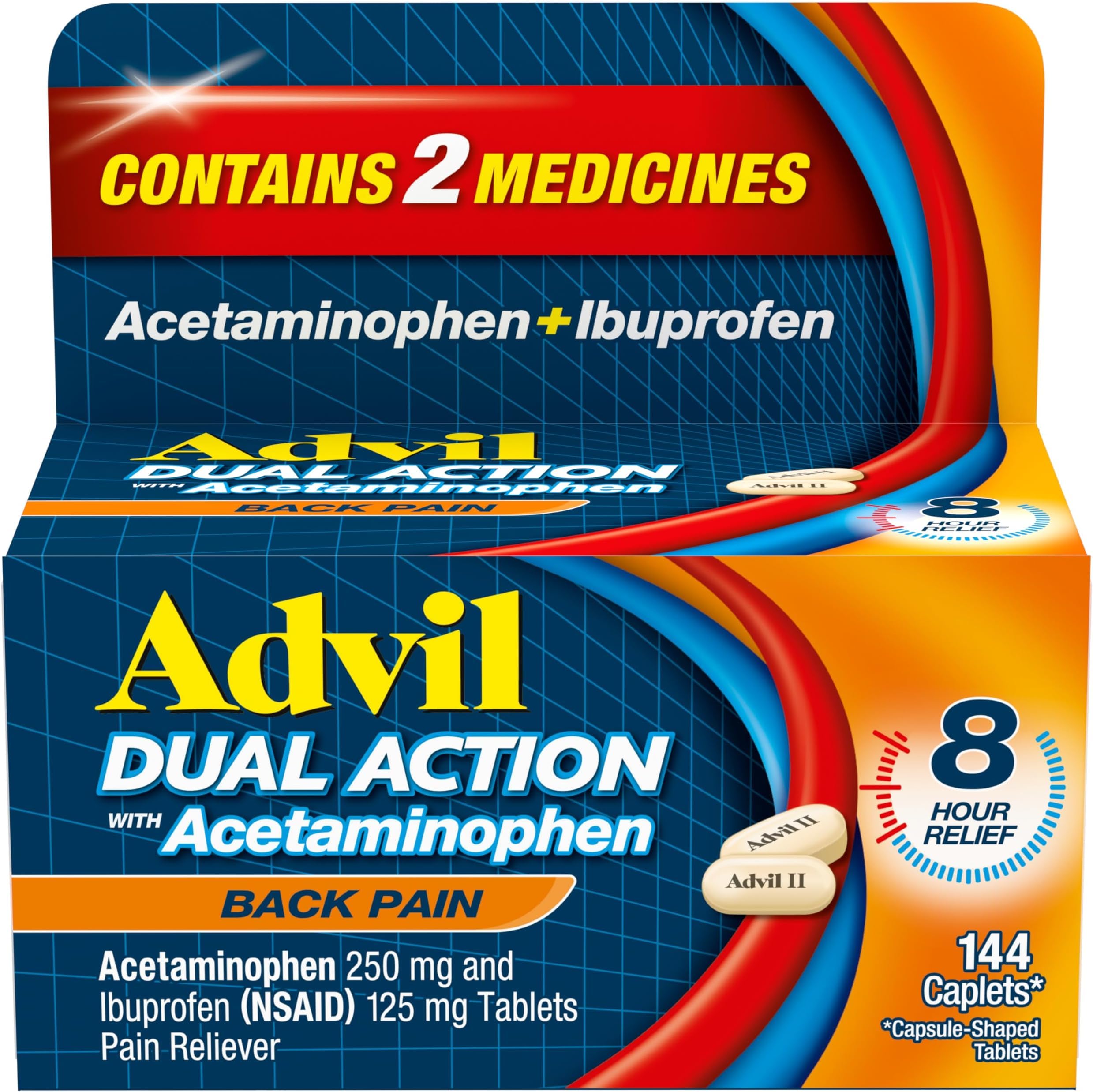 Advil Dual Action Back Pain Coated Caplets with Acetaminophen, 144 Count — Amazon image 21