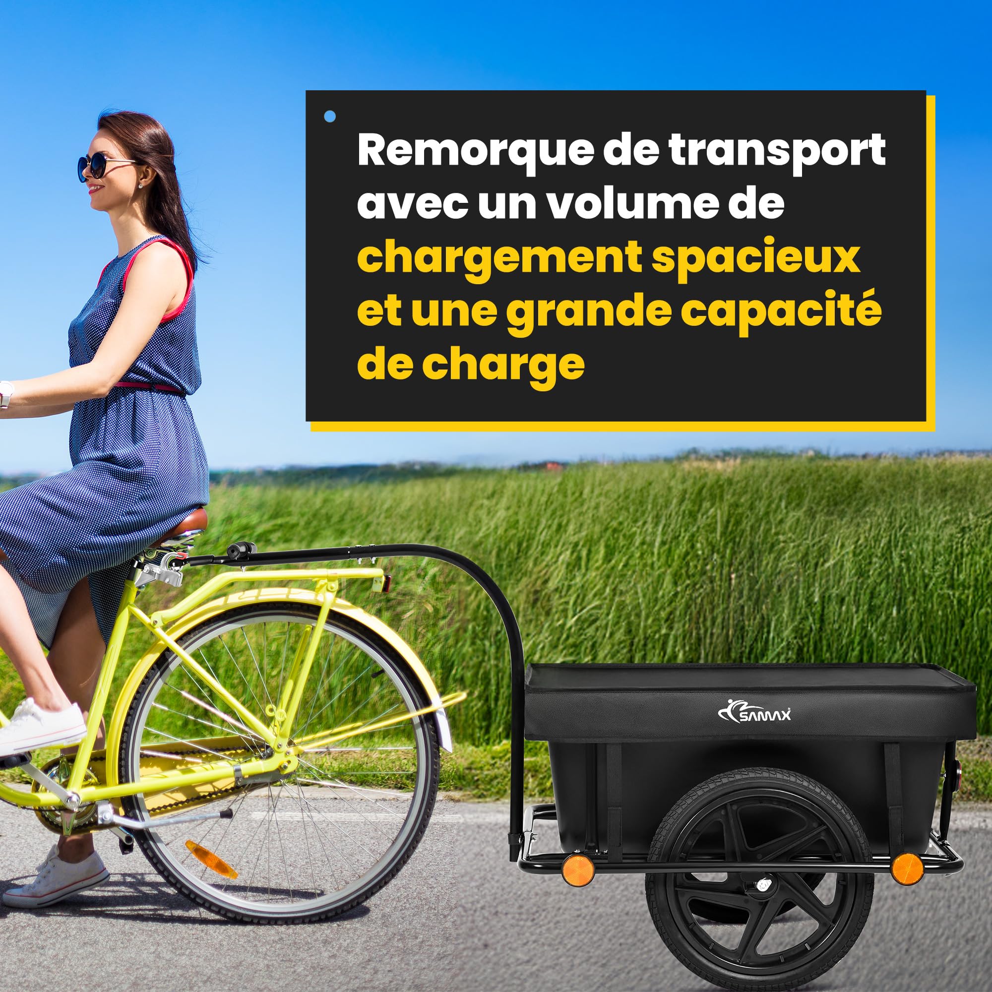 SAMAX Remorque de Vélo Chariot de Transport Haute Traction avec Poignée et Bâche