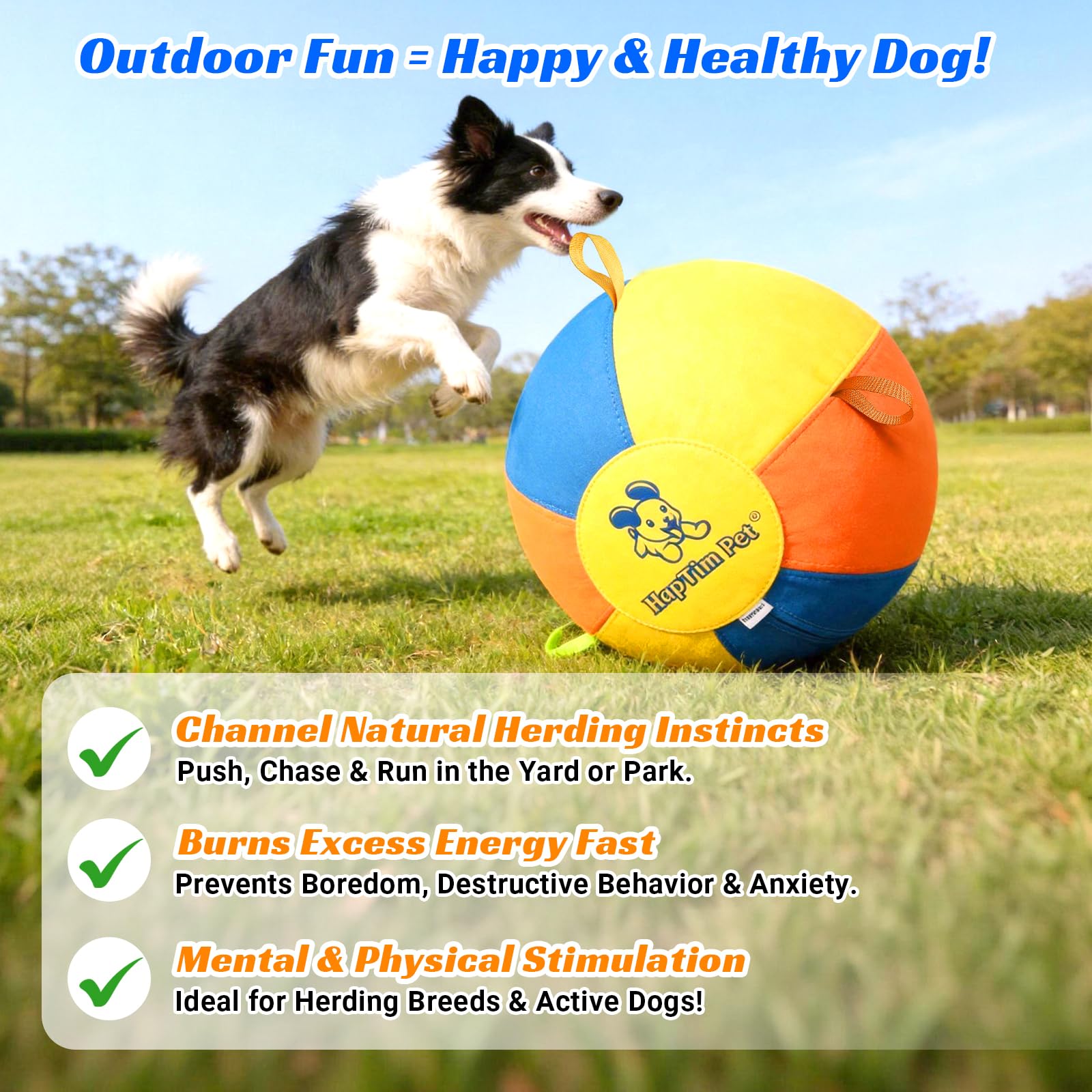 Hap Tim Pelota de pastoreo para perros, pelota interactiva para perros grandes con asas, juguete duradero de entrenamiento al aire libre para perros medianos a grandes, corgis, pastor australiano