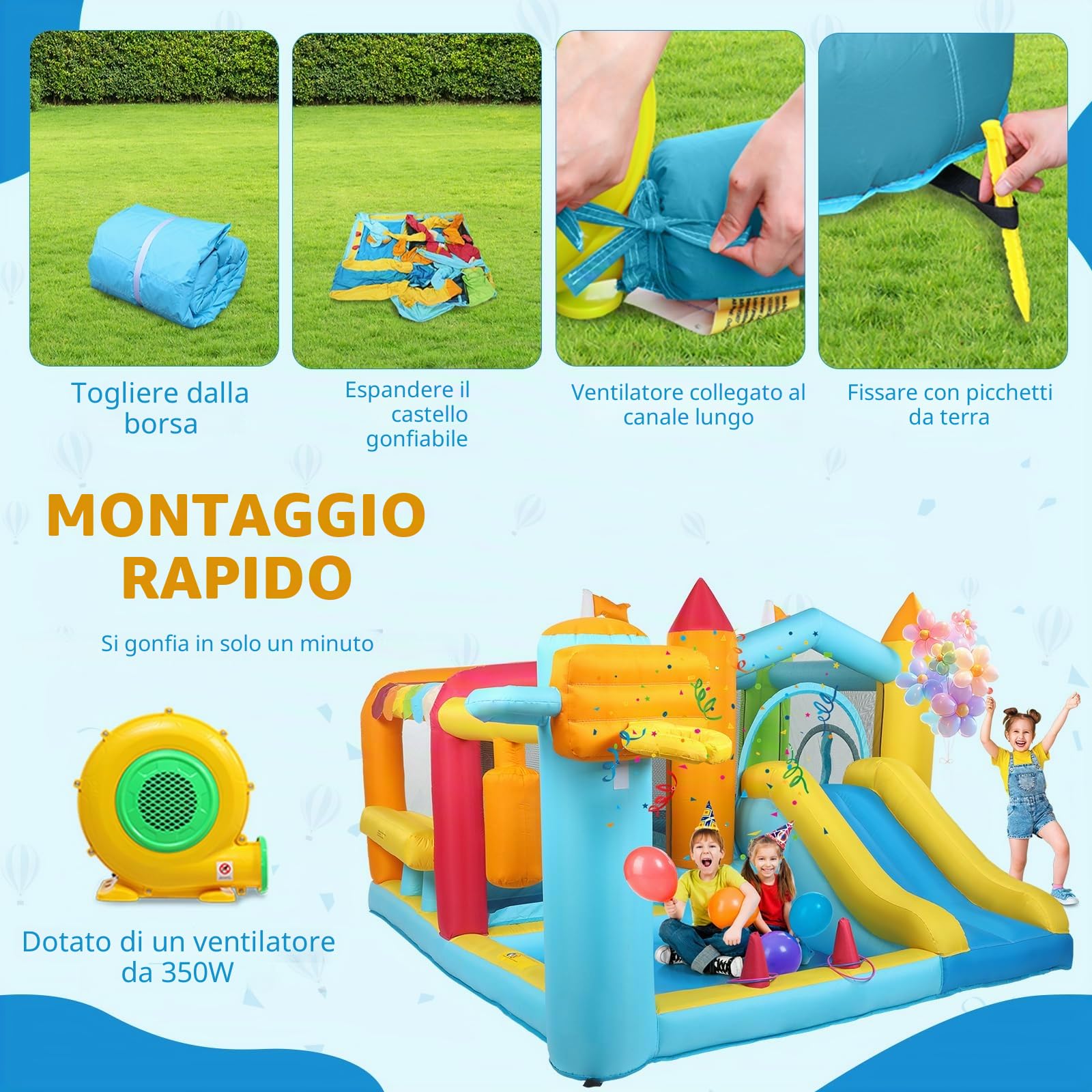 LEADZM Castello gonfiabile con ventilatore, castello gonfiabile con piscina, scivolo, trampolino, supporto per boxe, 356 x 315 x 203 cm