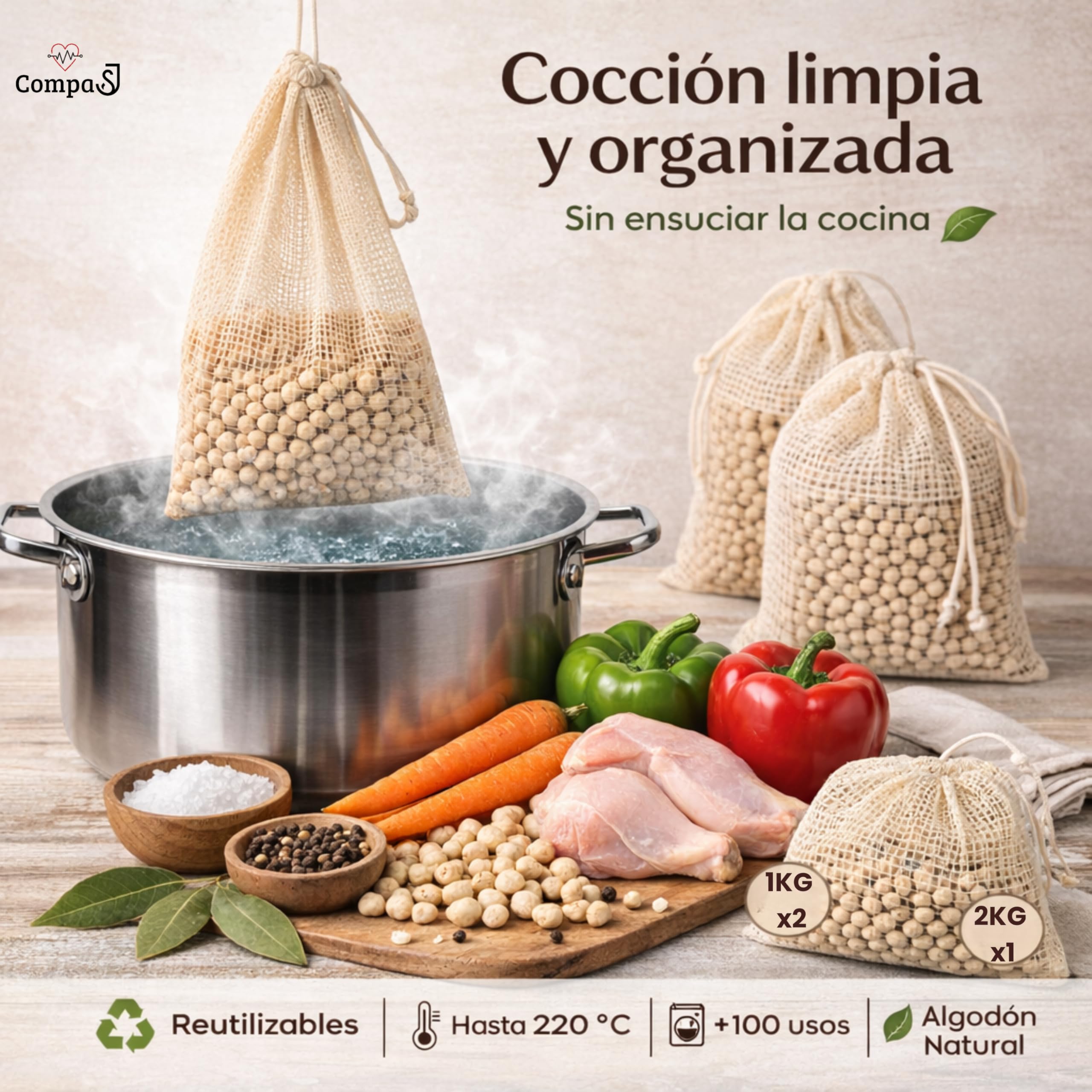 Set de 3 Mallas para Cocer Garbanzos y Legumbres - Bolsa para Cocinar Carne - Red de Cocción