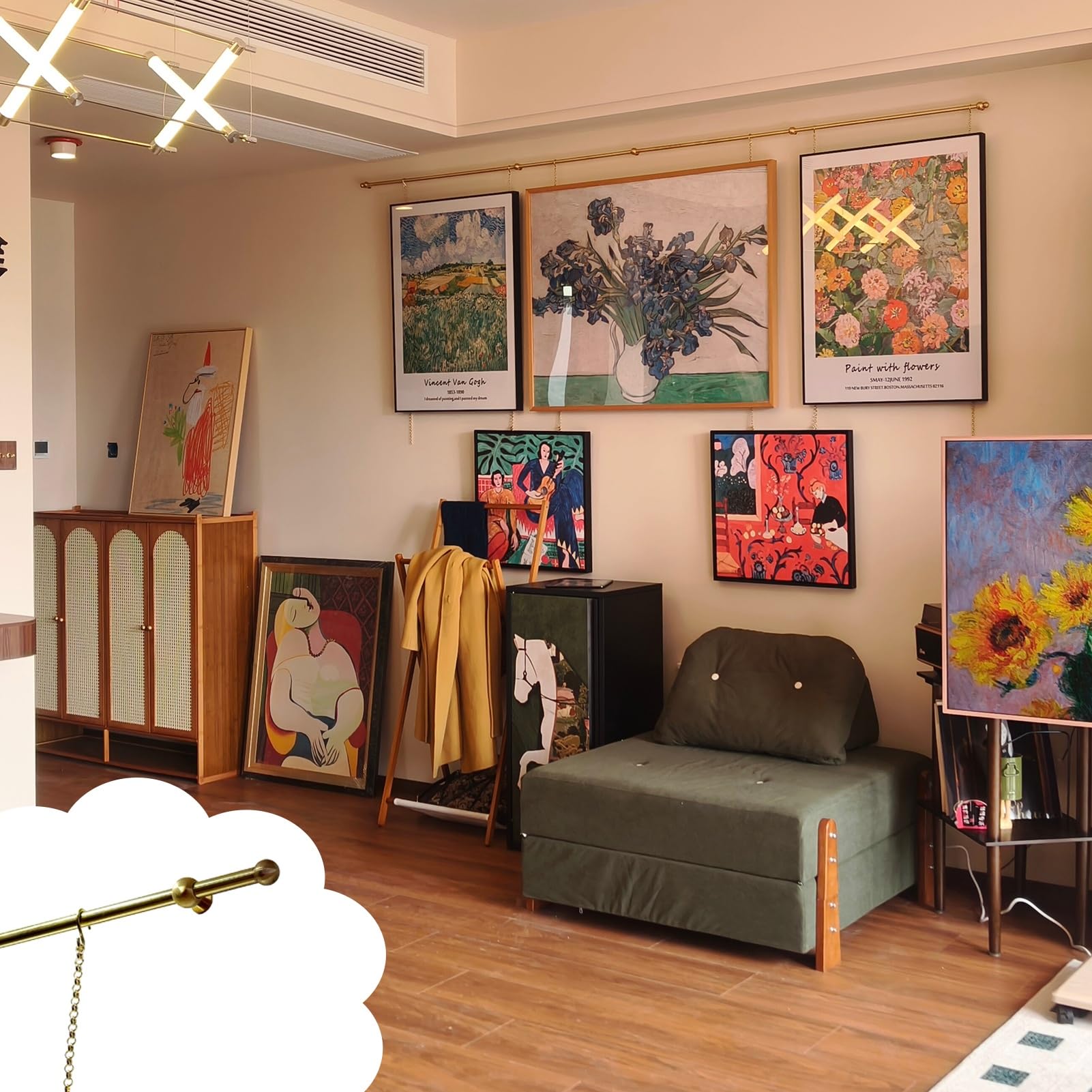 Generisch Rieles para colgar cuadros, barra de latón con cadena dorada y anillos en D, soporte para colgar arte en casa, colgador decorativo para cuadros