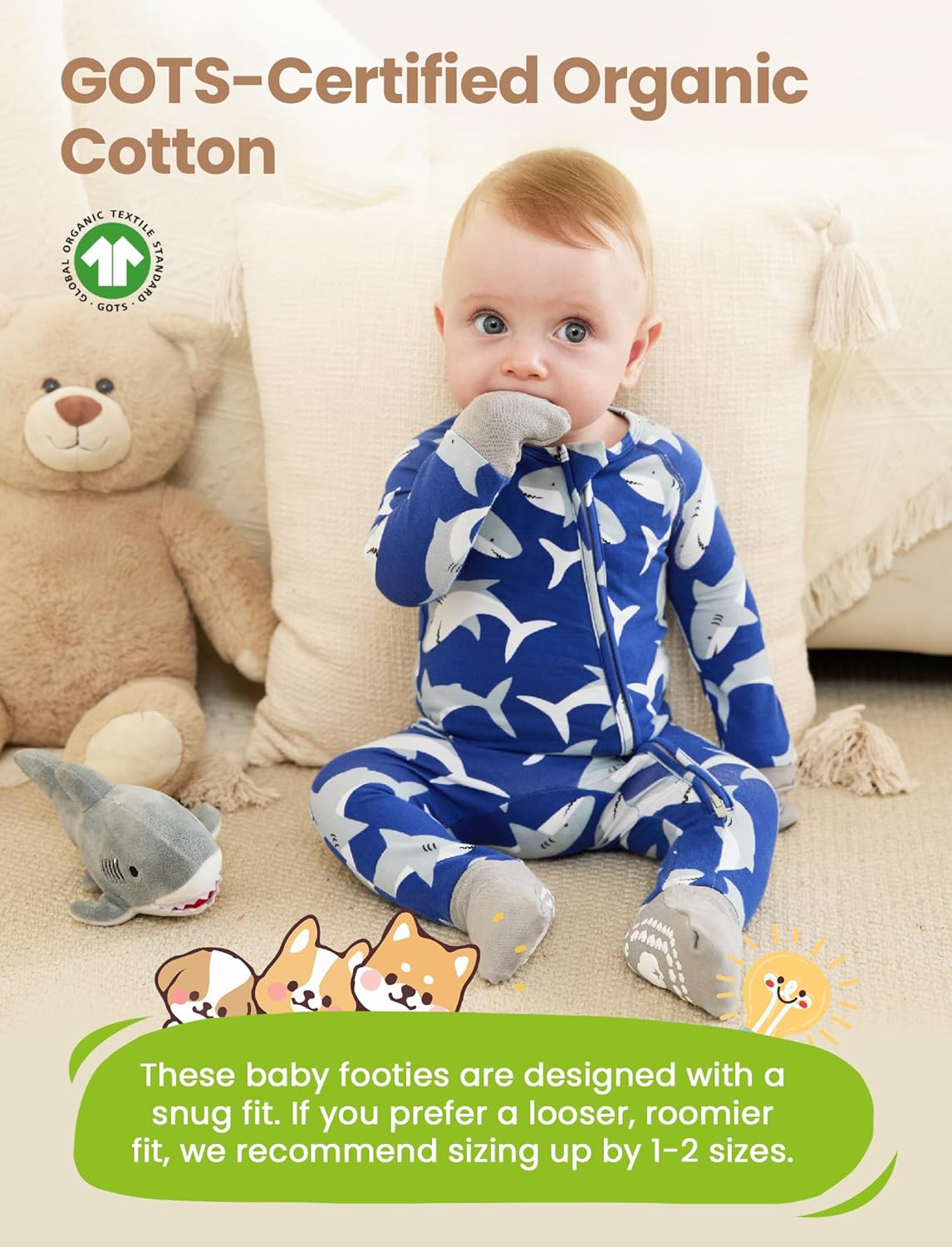 PATPAT Organic Cotton Baby Footie Pajamas with Two-Way Zipper & Fold-Over Mittens, Soft Stretchy Romper for Newborn Boy Girl - Image 2