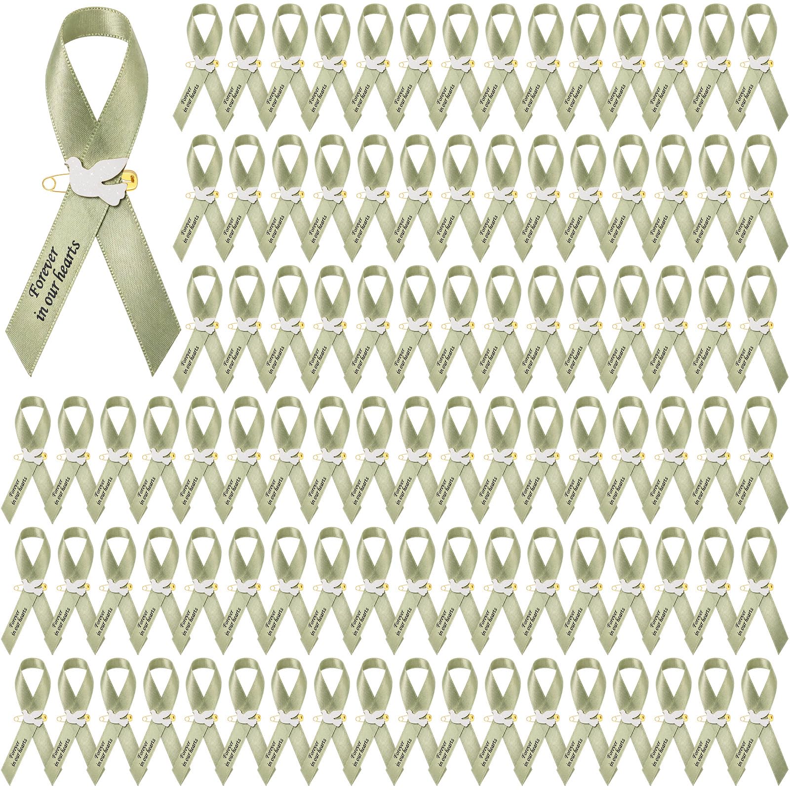 100 Pcs Sage Green Funeral Ribbon Pins, Memorial Ribbons for Funeral, Dove